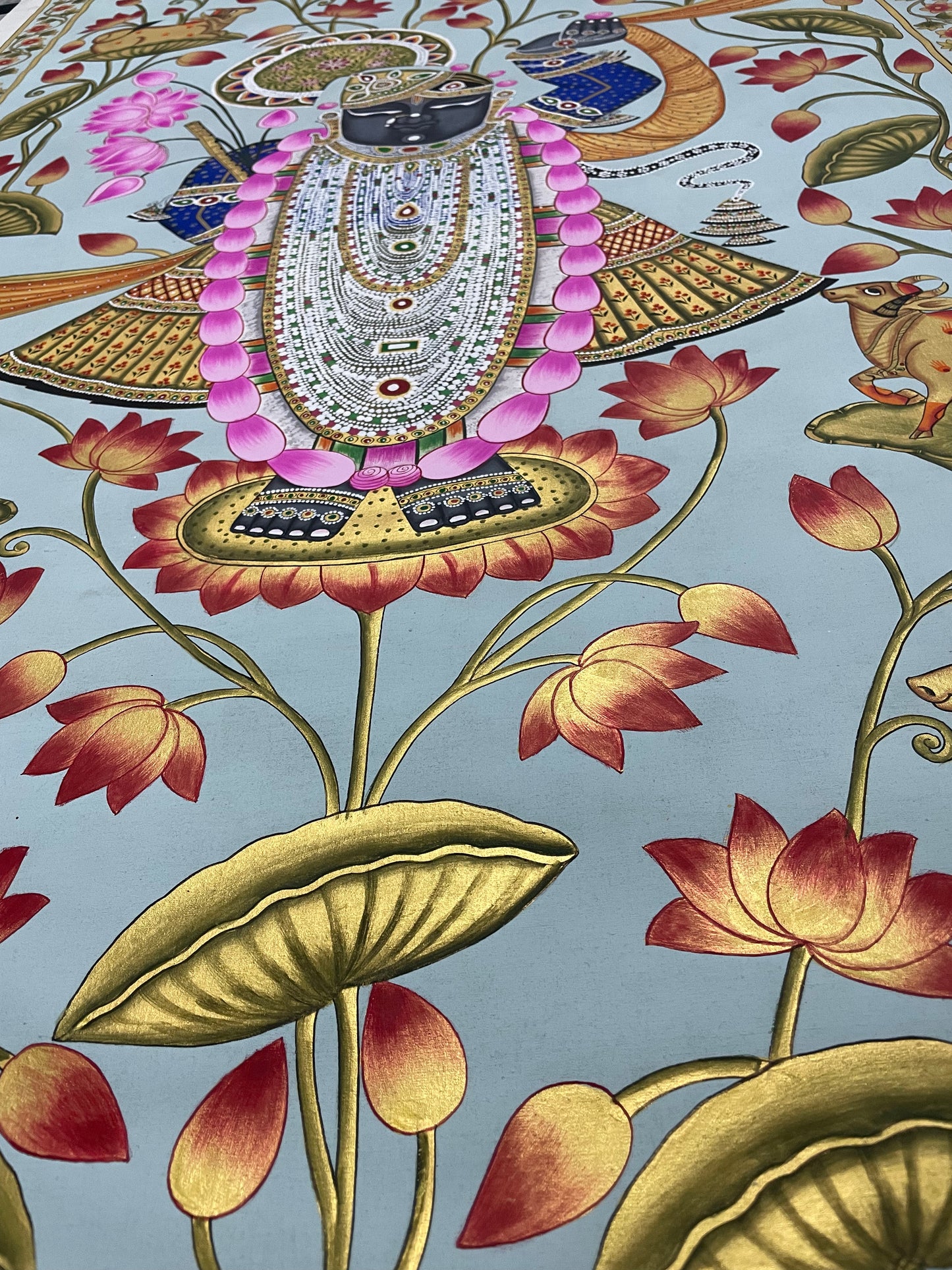 Shrinathji in Lotus Pond - Handmade Pichwai Painting (Unframed/ 5 x 3 feet)