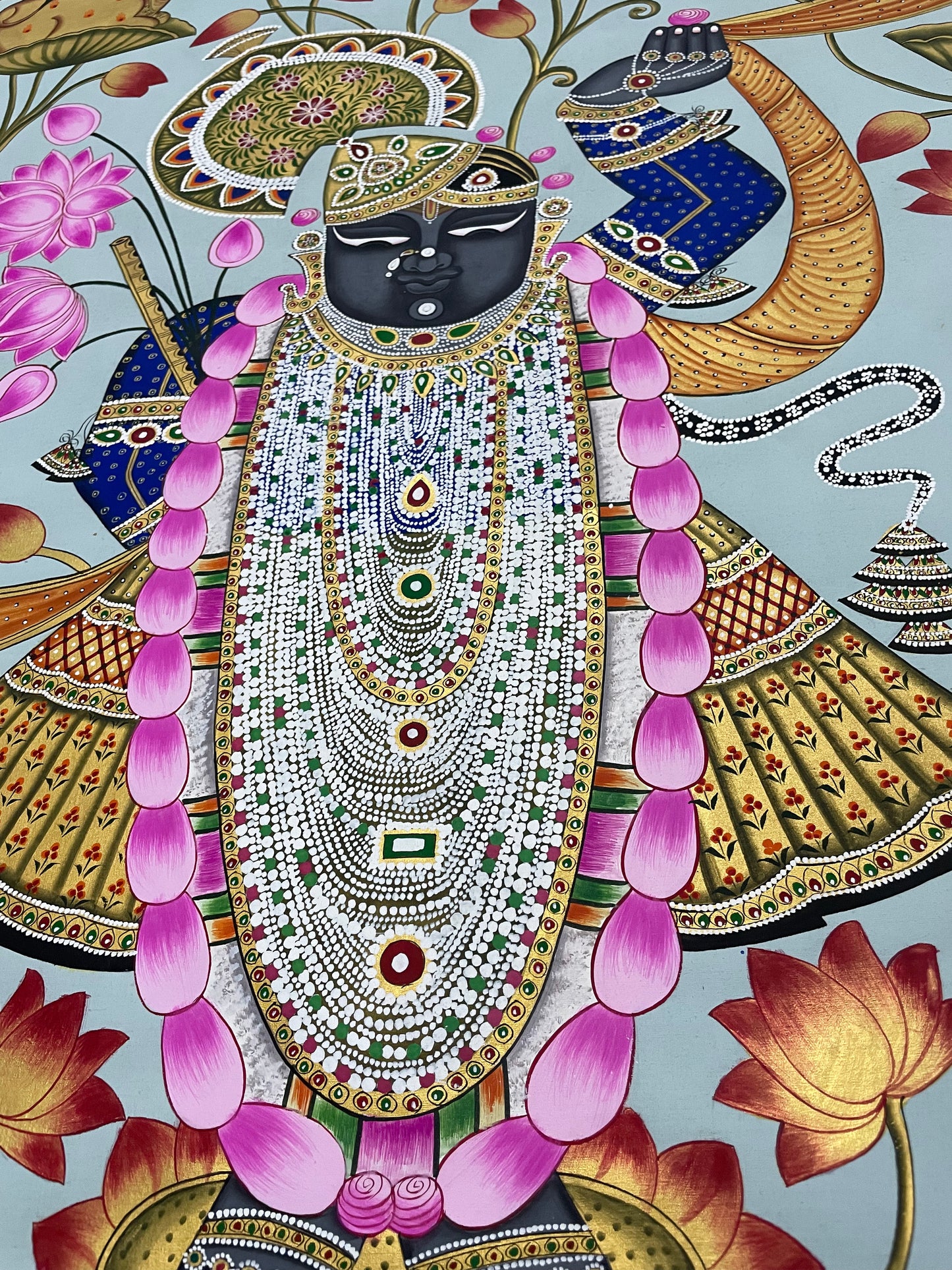 Shrinathji in Lotus Pond - Handmade Pichwai Painting (Unframed/ 5 x 3 feet)
