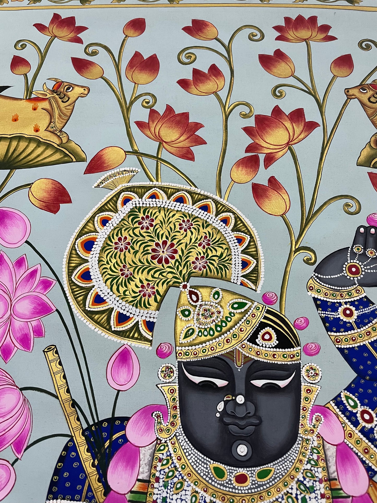 Shrinathji in Lotus Pond - Handmade Pichwai Painting (Unframed/ 5 x 3 feet)