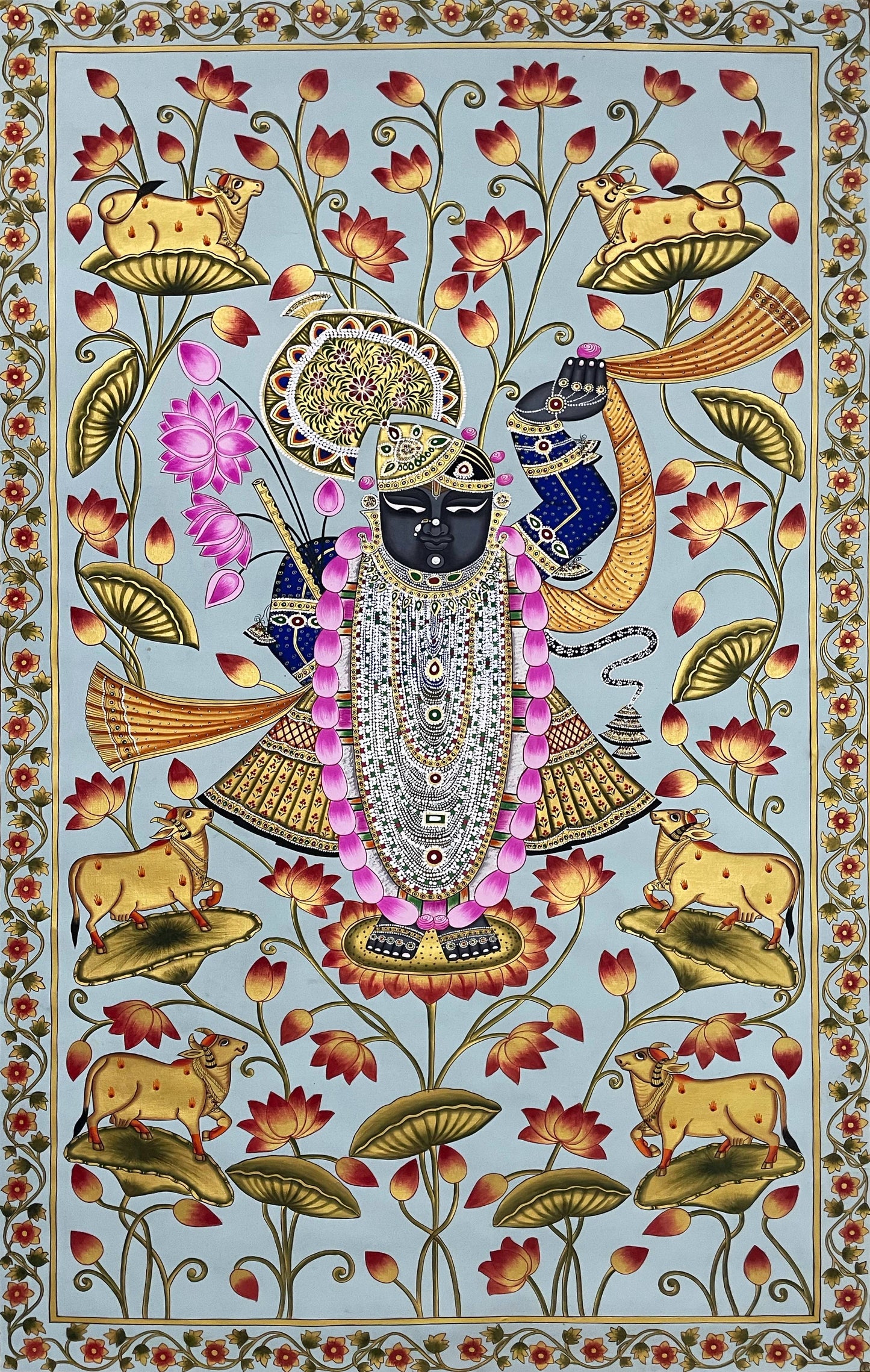 Shrinathji in Lotus Pond - Handmade Pichwai Painting (Unframed/ 5 x 3 feet)