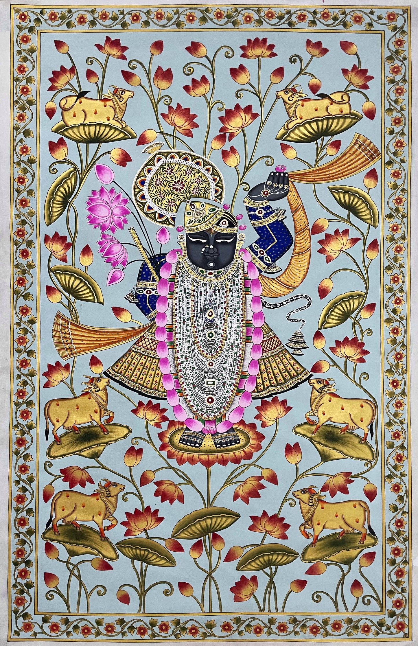 Shrinathji in Lotus Pond - Handmade Pichwai Painting (Unframed/ 5 x 3 feet)