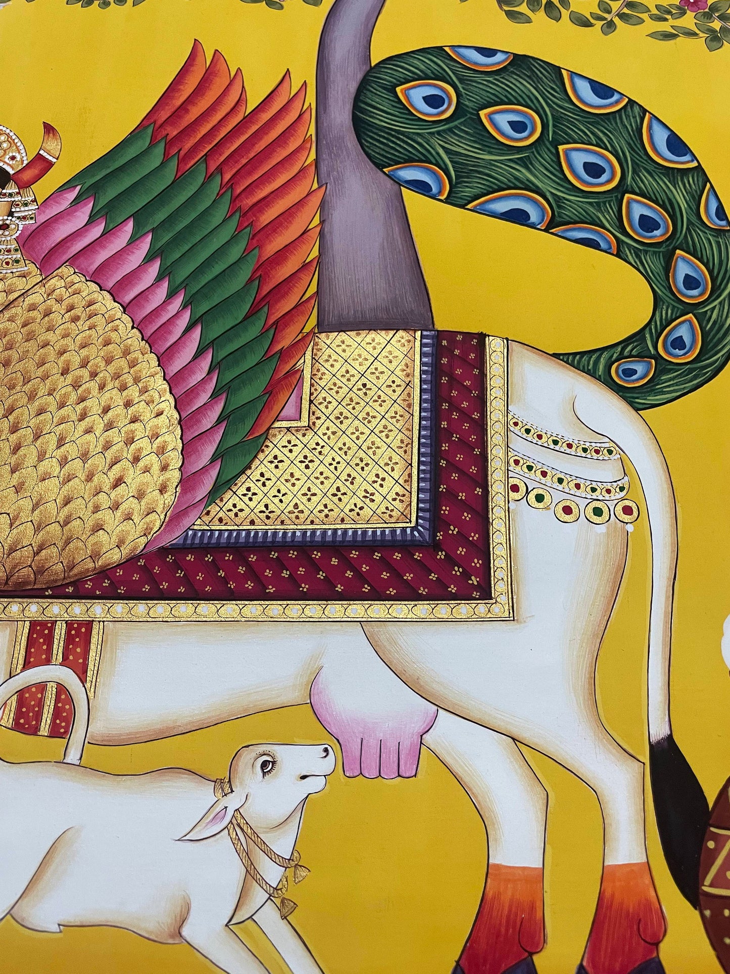 kamdhenu sacred cow life tree - Handmade Pichwai Painting- 3x3 Feet - Jaipur Earth