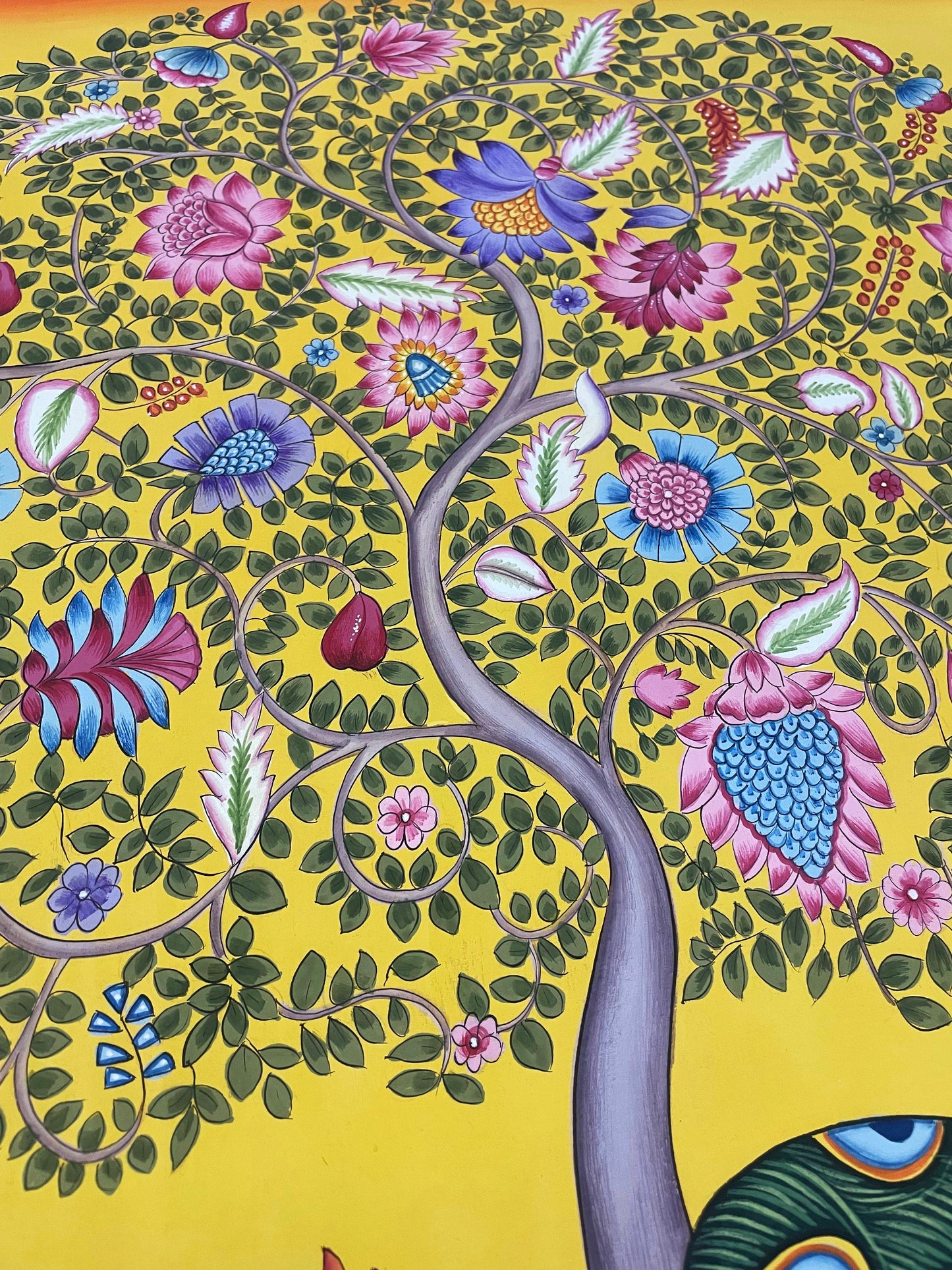 kamdhenu sacred cow life tree - Handmade Pichwai Painting- 3x3 Feet - Jaipur Earth