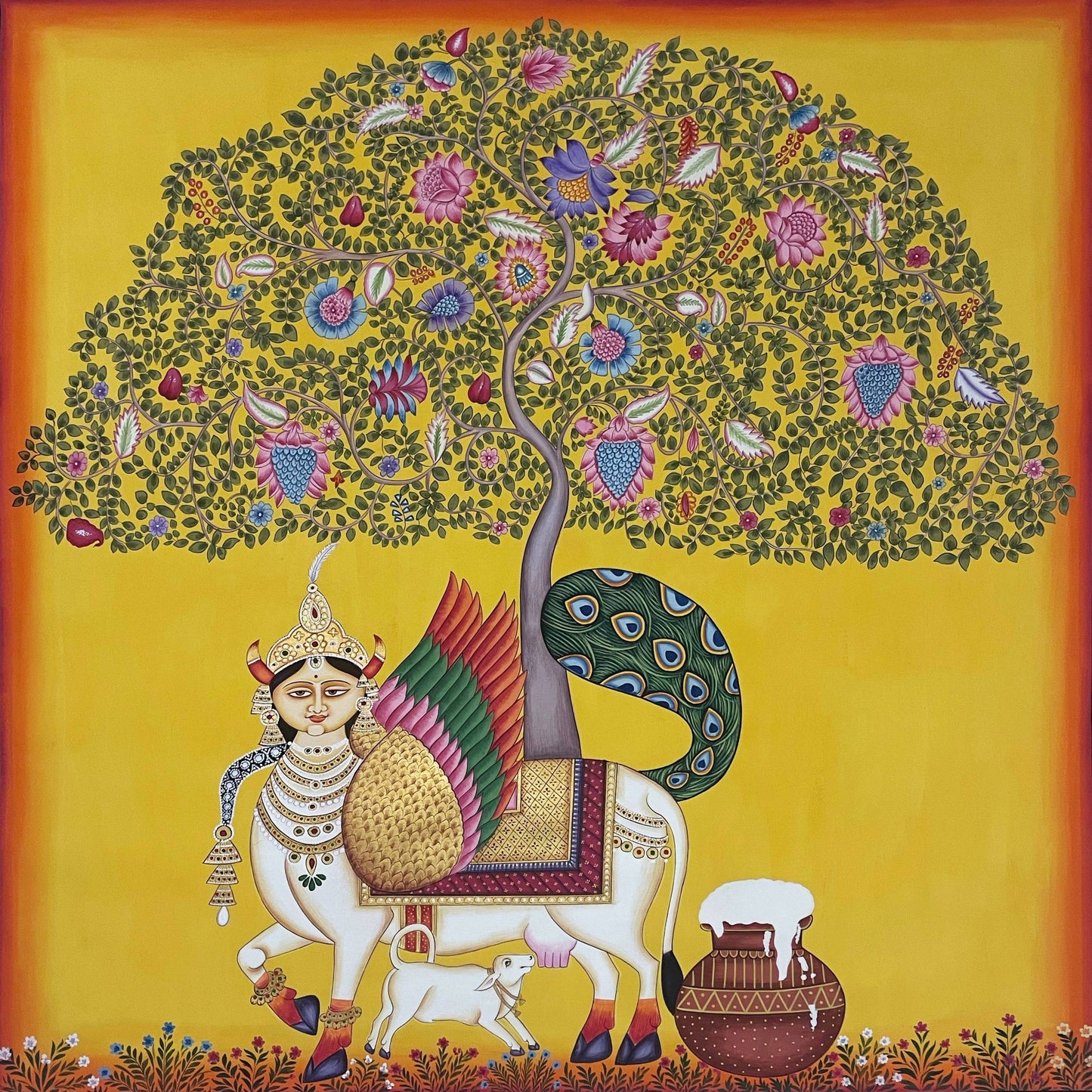 kamdhenu sacred cow life tree - Handmade Pichwai Painting- 3x3 Feet - Jaipur Earth