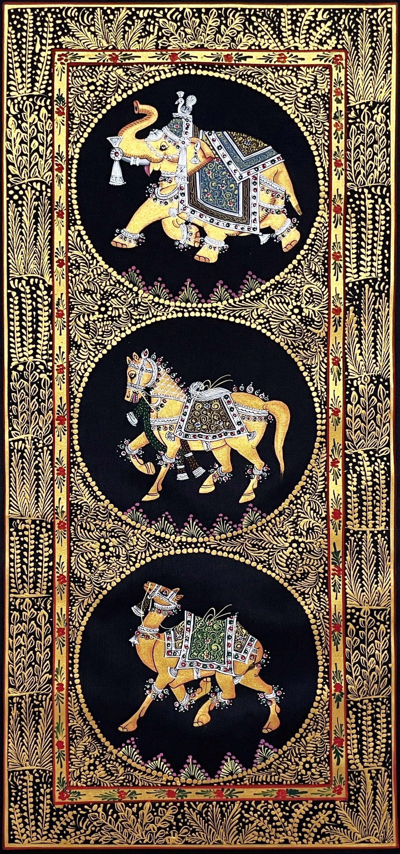 Trio Elephant, Horse, Camel Indian Miniature Wall Art, Set of 2 Traditional Animal Procession Painting On Silk For Home Decor - Jaipur Earth