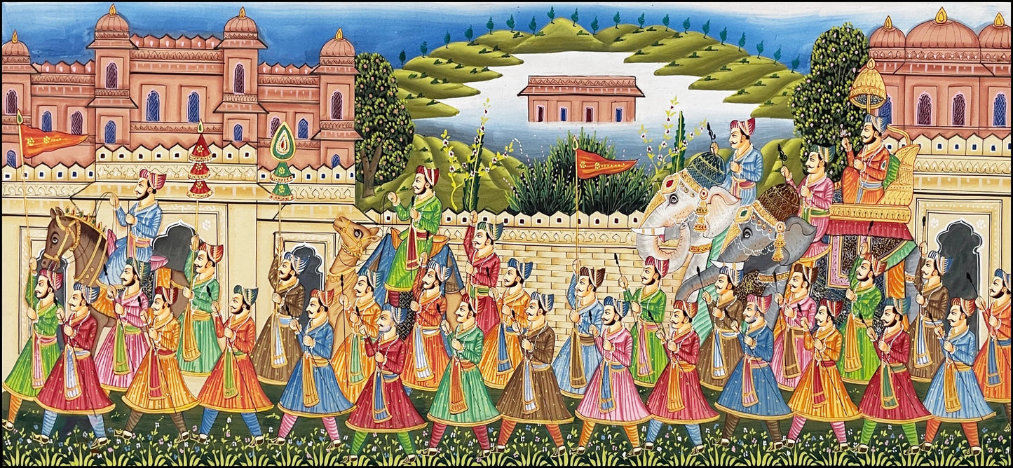Royal Procession Large Detailed Hand Painted Artwork, Rajasthani Painting, Art and Collect, Home Decor, Wall Decor - Jaipur Earth