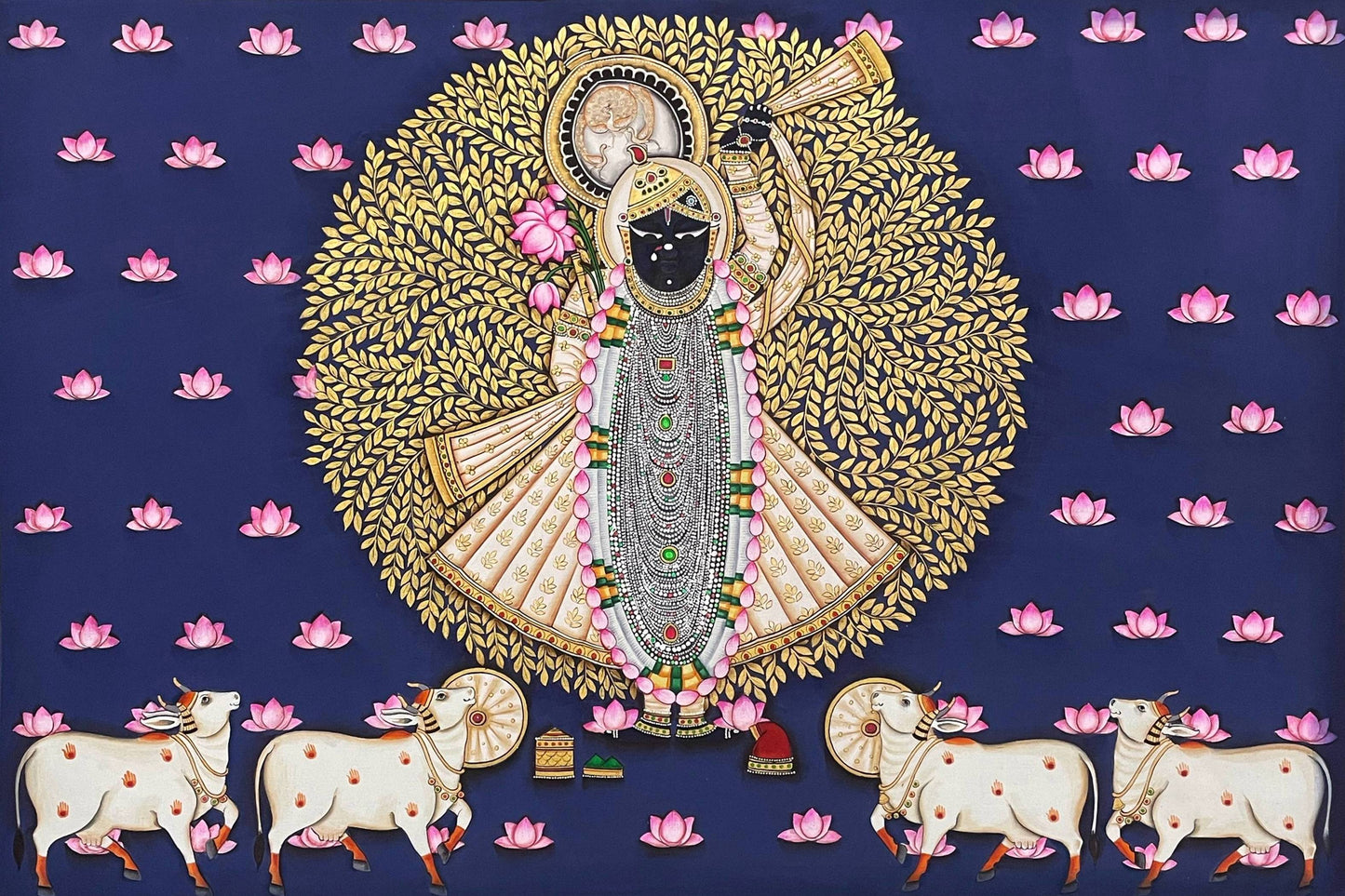 Shreenathji and Lotus Pichwai Art Painting For Home Decor, Traditional Handmade Wall Painting Of Beautiful Shri Nath Ji