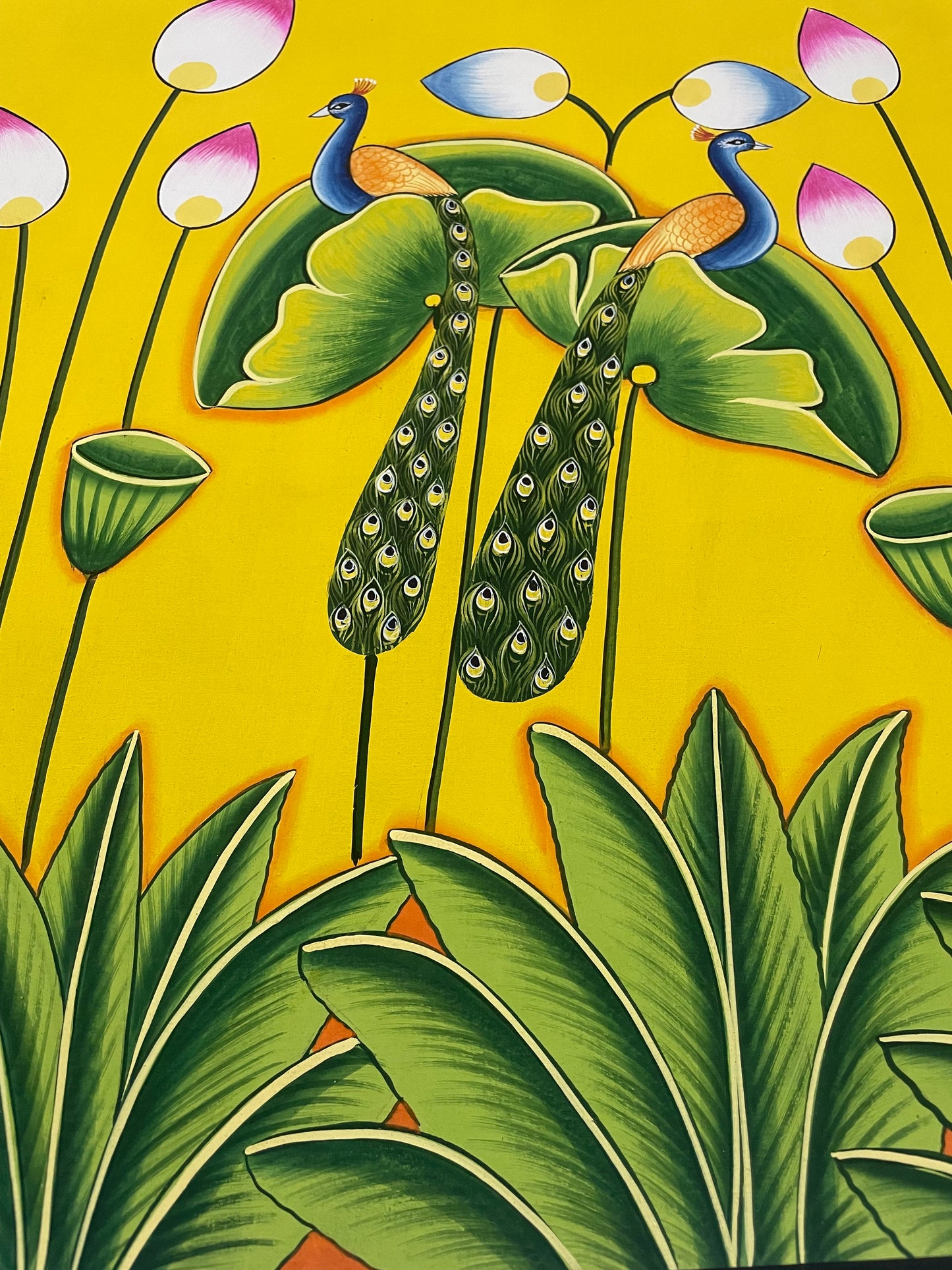 Pichwai Painting of Peacock, Flower design Pichwai Paintng, Wall Art, Stone color on cloth Indian Decor Paintings, Wall Hanging - Jaipur Earth
