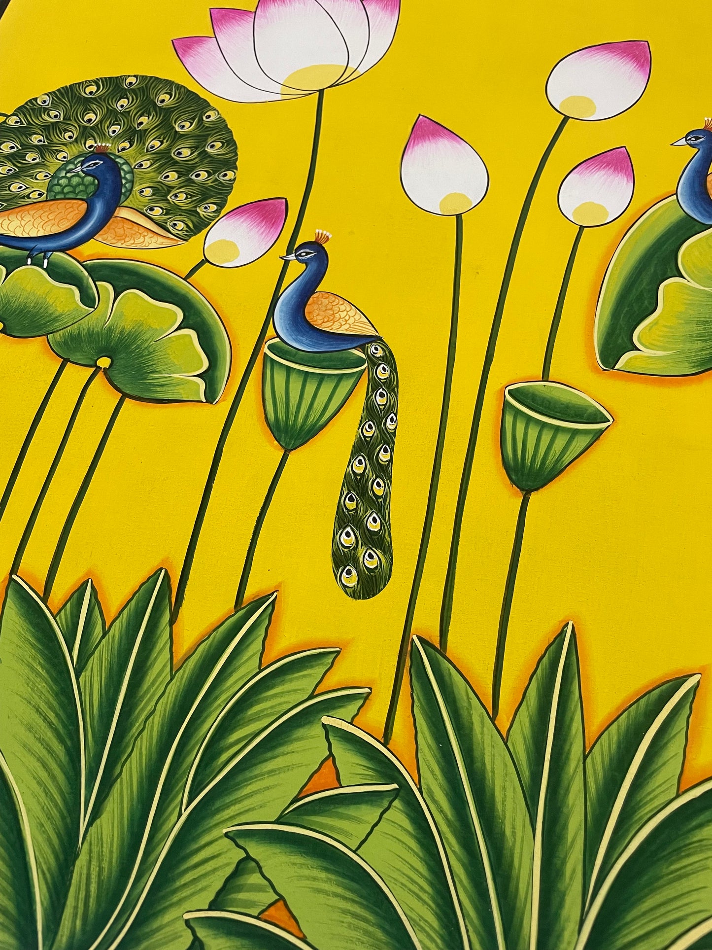 Pichwai Painting of Peacock, Flower design Pichwai Paintng, Wall Art, Stone color on cloth Indian Decor Paintings, Wall Hanging - Jaipur Earth