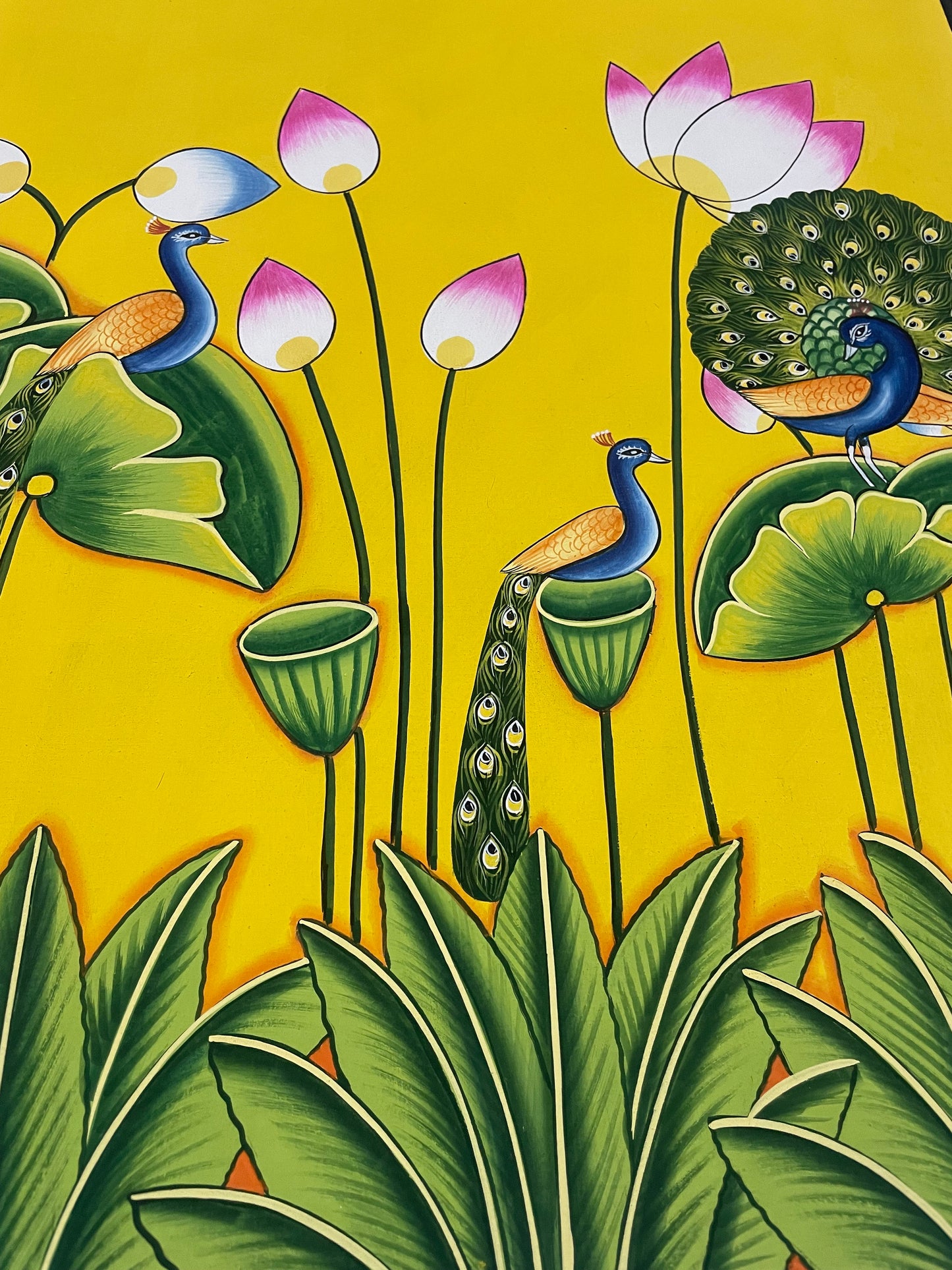 Pichwai Painting of Peacock, Flower design Pichwai Paintng, Wall Art, Stone color on cloth Indian Decor Paintings, Wall Hanging - Jaipur Earth