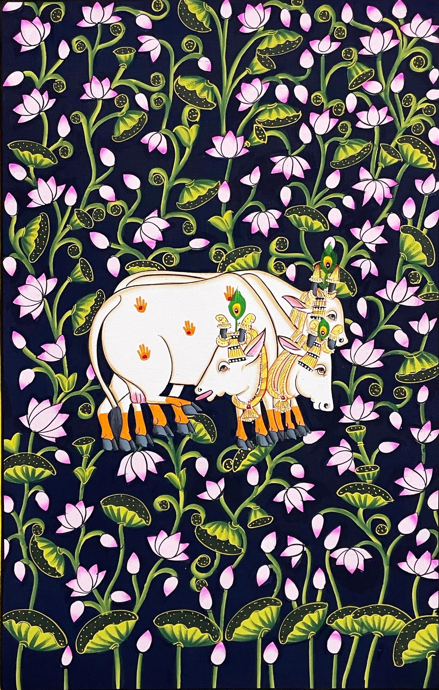 Pichwai Painting, Set of 6 Shrinathji and Cow Pichwai Painting, Modern Wall Decor Paintings, Hand Painted on Fabric, Home Decor - Jaipur Earth