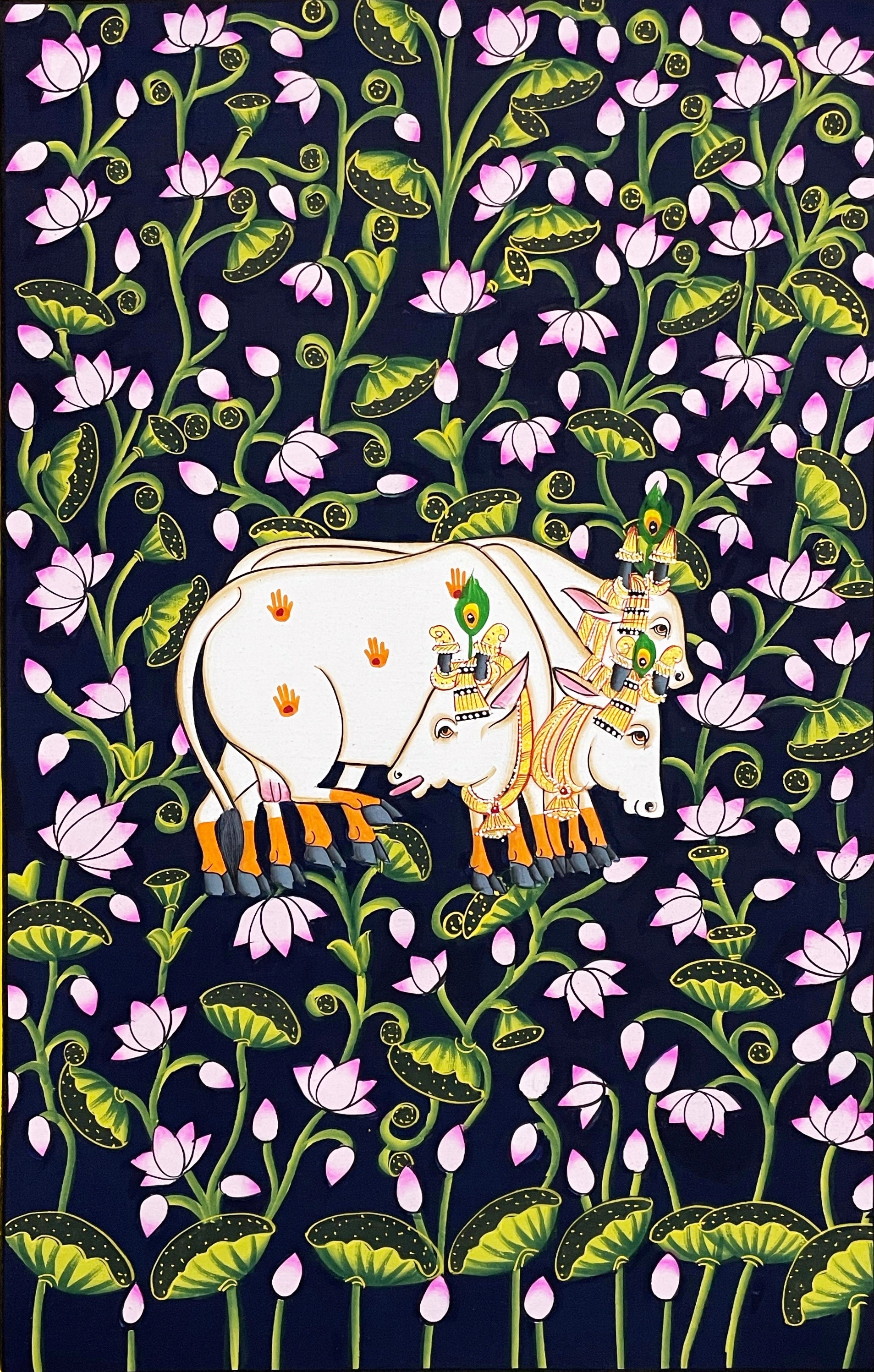 Pichwai Painting, Set of 6 Shrinathji and Cow Pichwai Painting, Modern Wall Decor Paintings, Hand Painted on Fabric, Home Decor - Jaipur Earth