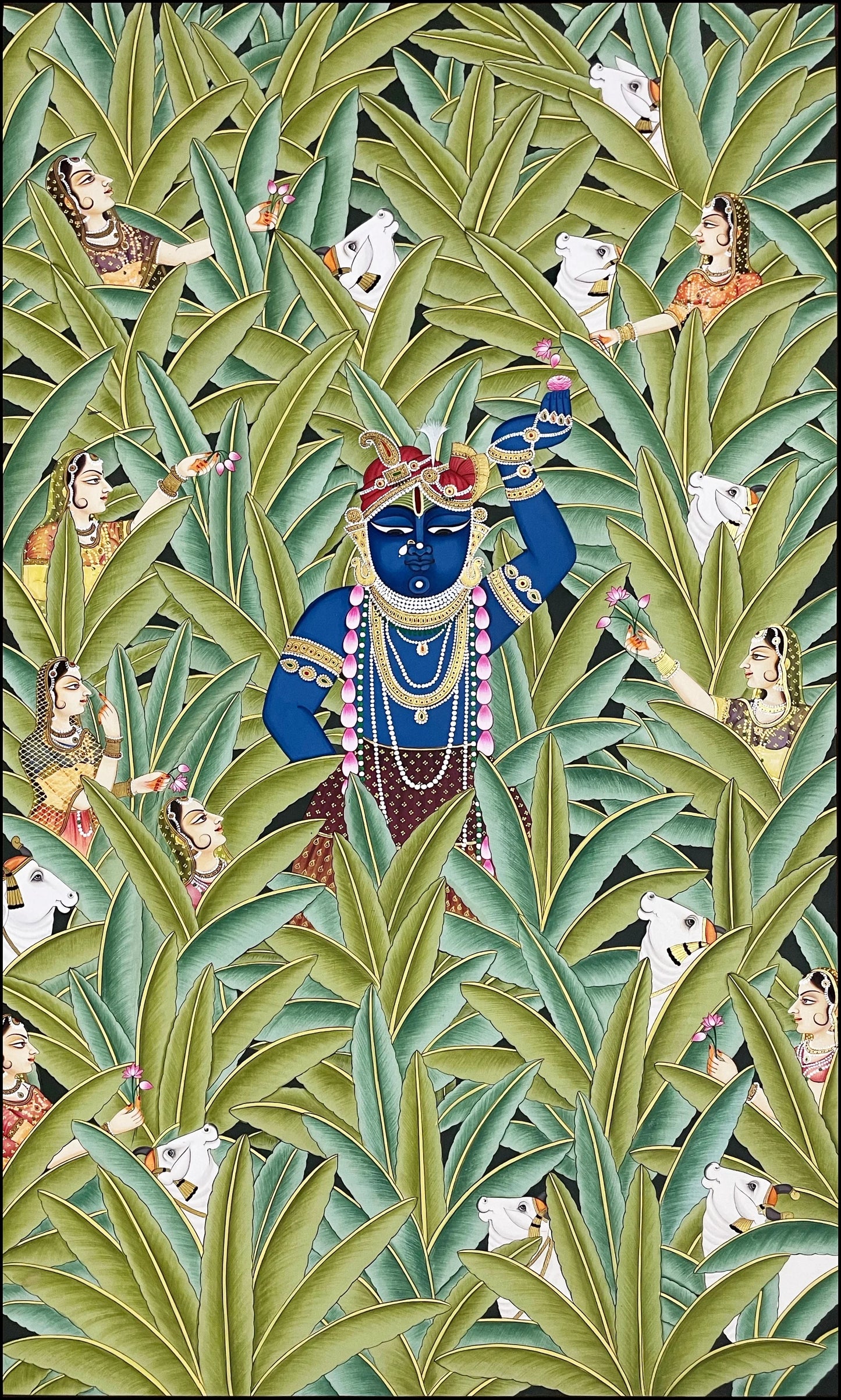 Shreenathji Pichwai Painting Beautiful Hand Painted Devotional Art Natural Stone color on cloth Indian Decor Paintings, Wall Hanging - Jaipur Earth