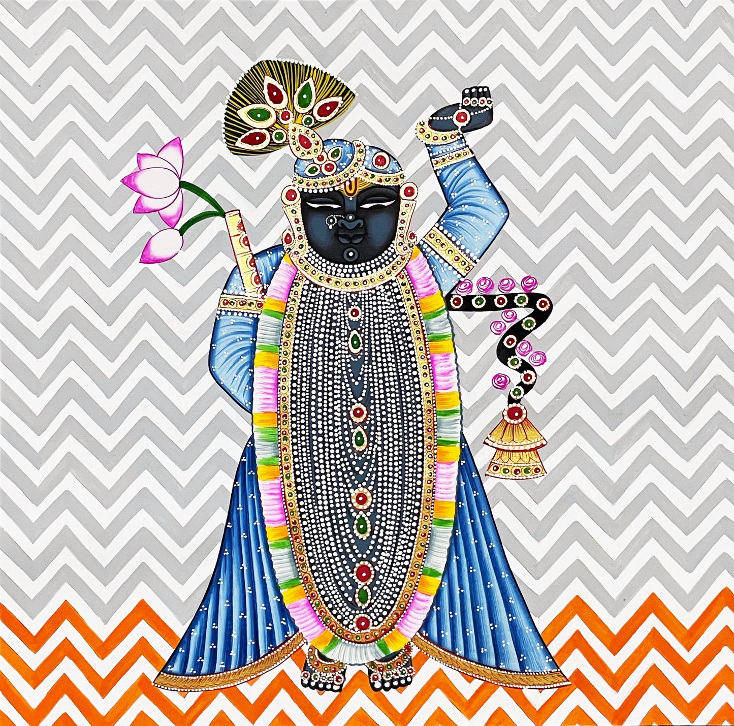 Set of 3 Shrinathji Pichwai and Cow Pichwai Painting Art Handmade Design Natural Stone color on cloth Indian Decor Paintings, Wall art - Jaipur Earth