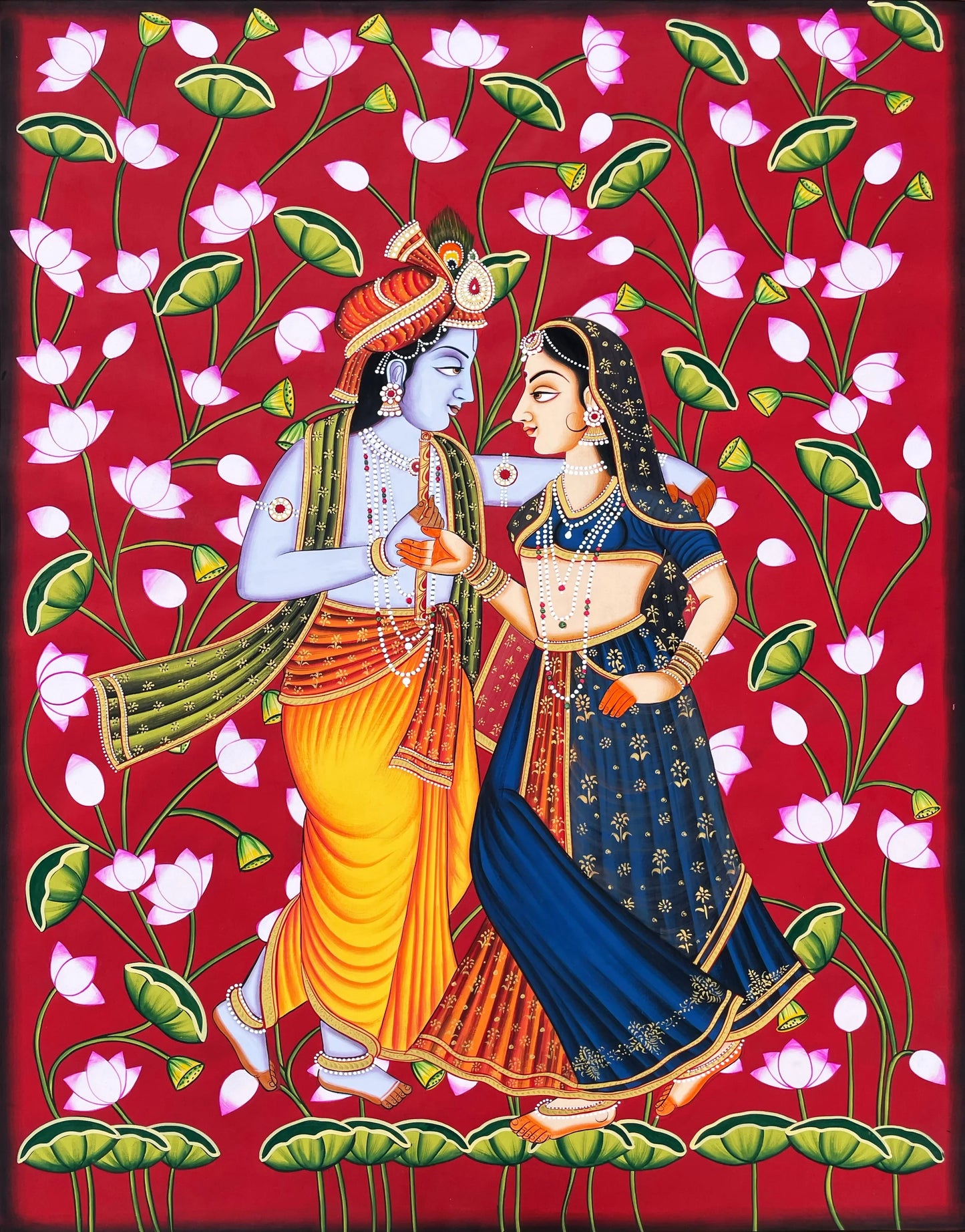 Radha Krishna Detailed Pichwai Handmade Painting On Fabric with Lotus Background, Wall Hanging Home Decorative Art, Wall Art - Jaipur Earth