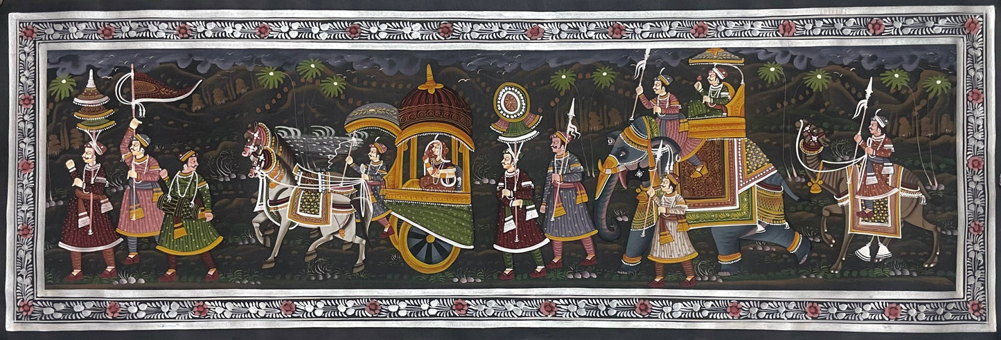 Royal Procession Painting Handmade Rajasthani Folk Art on Fabric, Indian Royal Procession Wall Art, Traditional Ethnic Decor for Living Room
