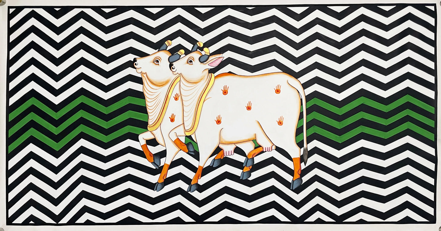 Pichwai Painting Of Cow with Black and White Theme, Large Traditional Indian Pichwai Painting For Home Decor, Wall Art - Jaipur Earth
