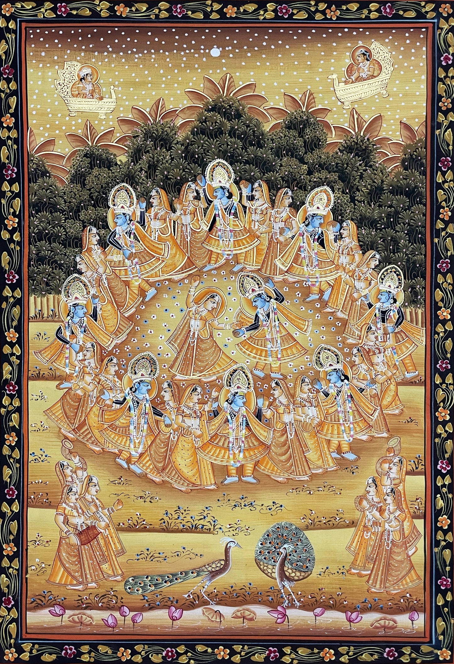 Radha Krishna Raasleela Detailed Pichwai Handmade Painting On Fabric, Original Krishna Ras Leela Scene Wall Hanging Home Decorative Art