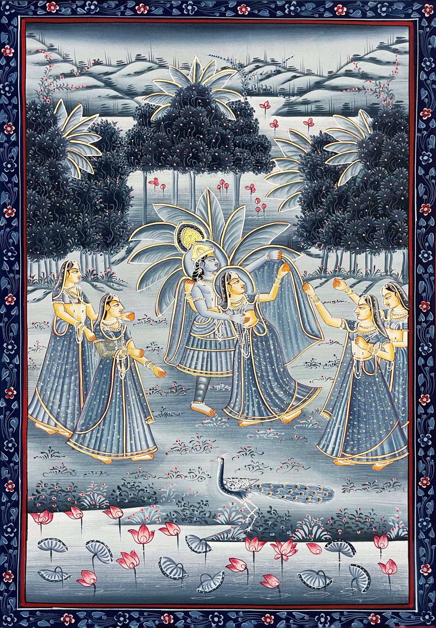 Radha Krishna Detailed Pichwai Handmade Painting on Fabric Krishna Painting, Wall art, Home Decor