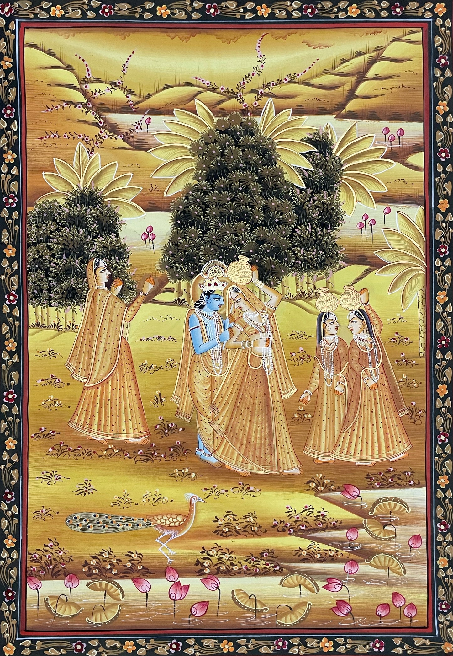 Radha Krishna Detailed Pichwai Handmade Painting on Fabric Krishna Painting, Wall art, Home Decor
