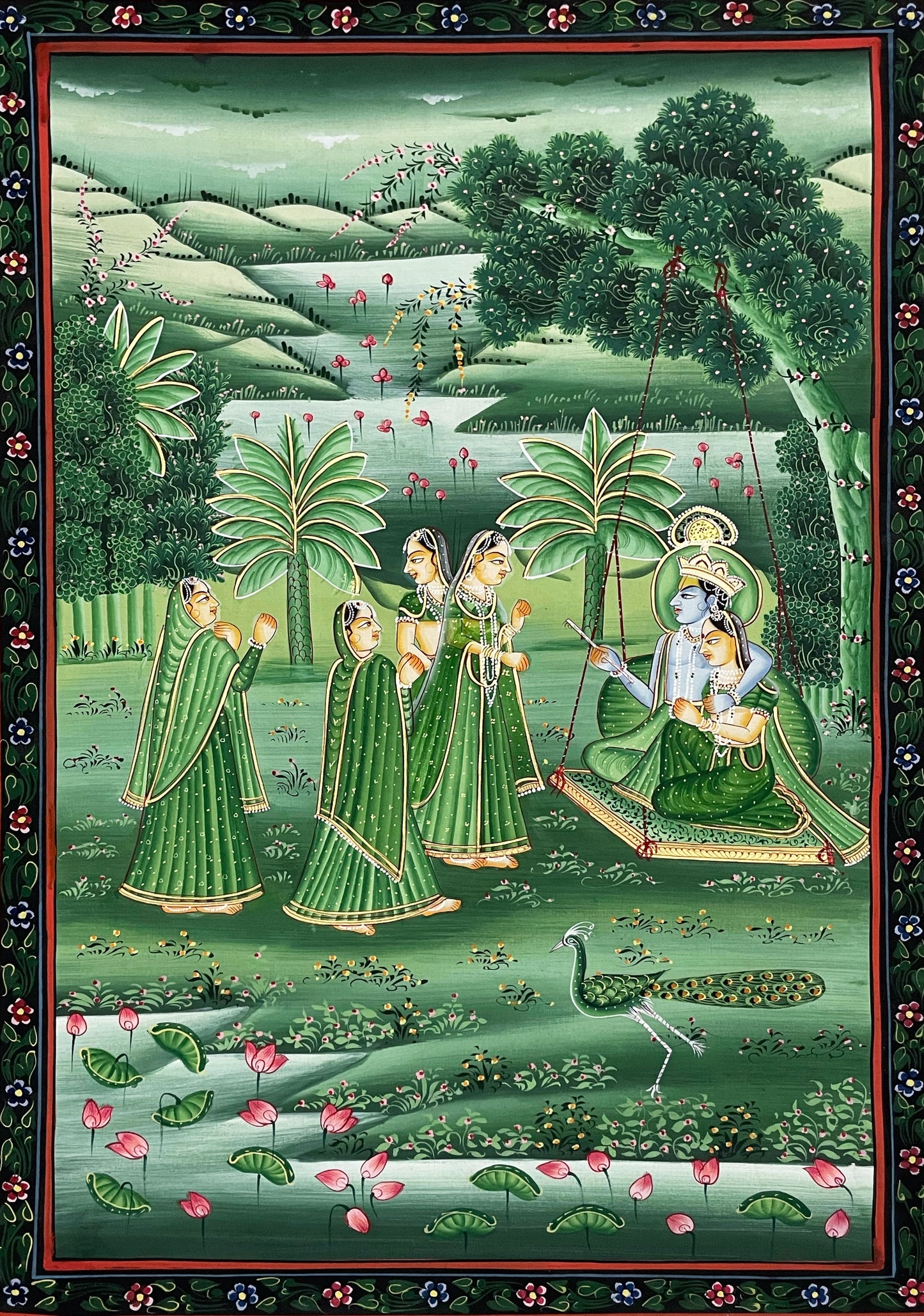 Radha Krishna Detailed Pichwai Handmade Painting on Fabric Krishna Painting, Wall art, Home Decor
