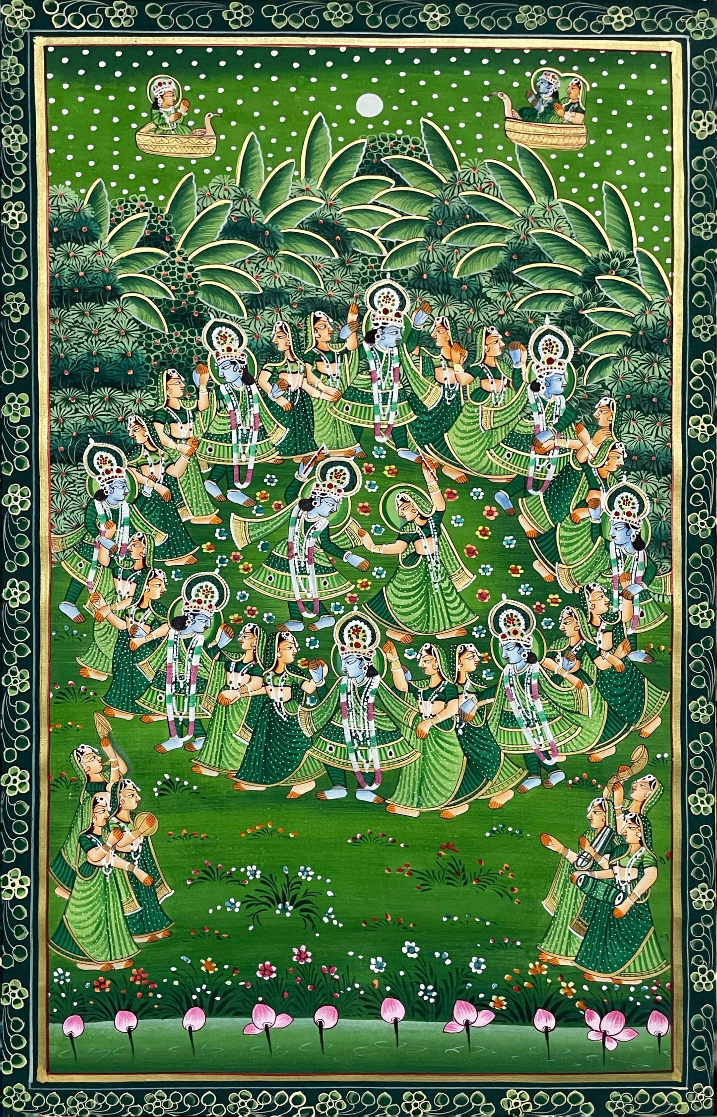 Radha Krishna Raasleela Detailed Pichwai Handmade Painting On Fabric, Original Krishna Ras Leela Scene Wall Hanging Home Decorative Art