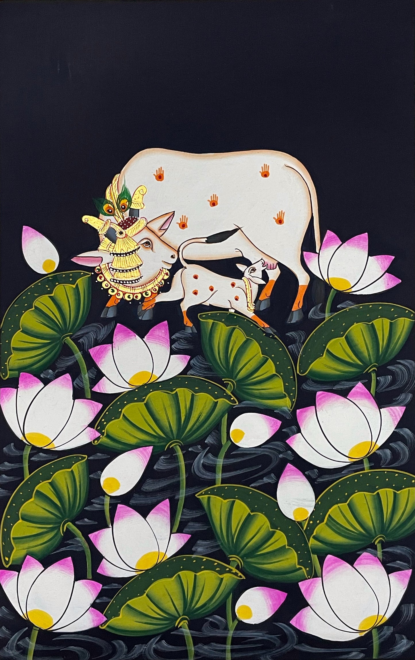 Pichwai Painting, Set of 3 Shrinathji and Cow Pichwai Painting, Modern Wall Decor Paintings, Hand Painted on Fabric, Home Decor - Jaipur Earth
