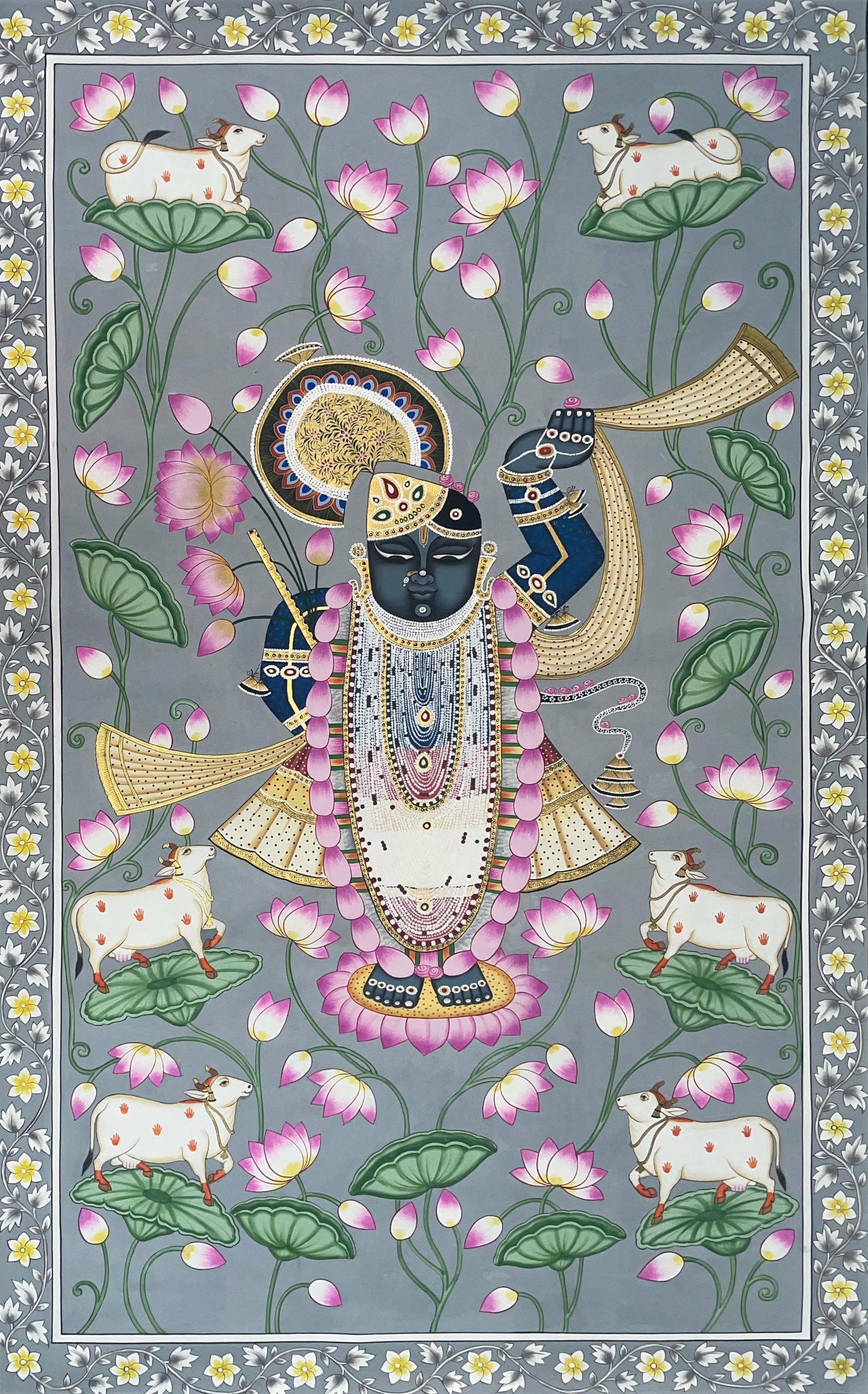 Shrinathji Pichwai Painting, Cow Pichwai Art Handmade Natural Stone color on cloth Indian Decor Paintings, Wall Hanging - Jaipur Earth
