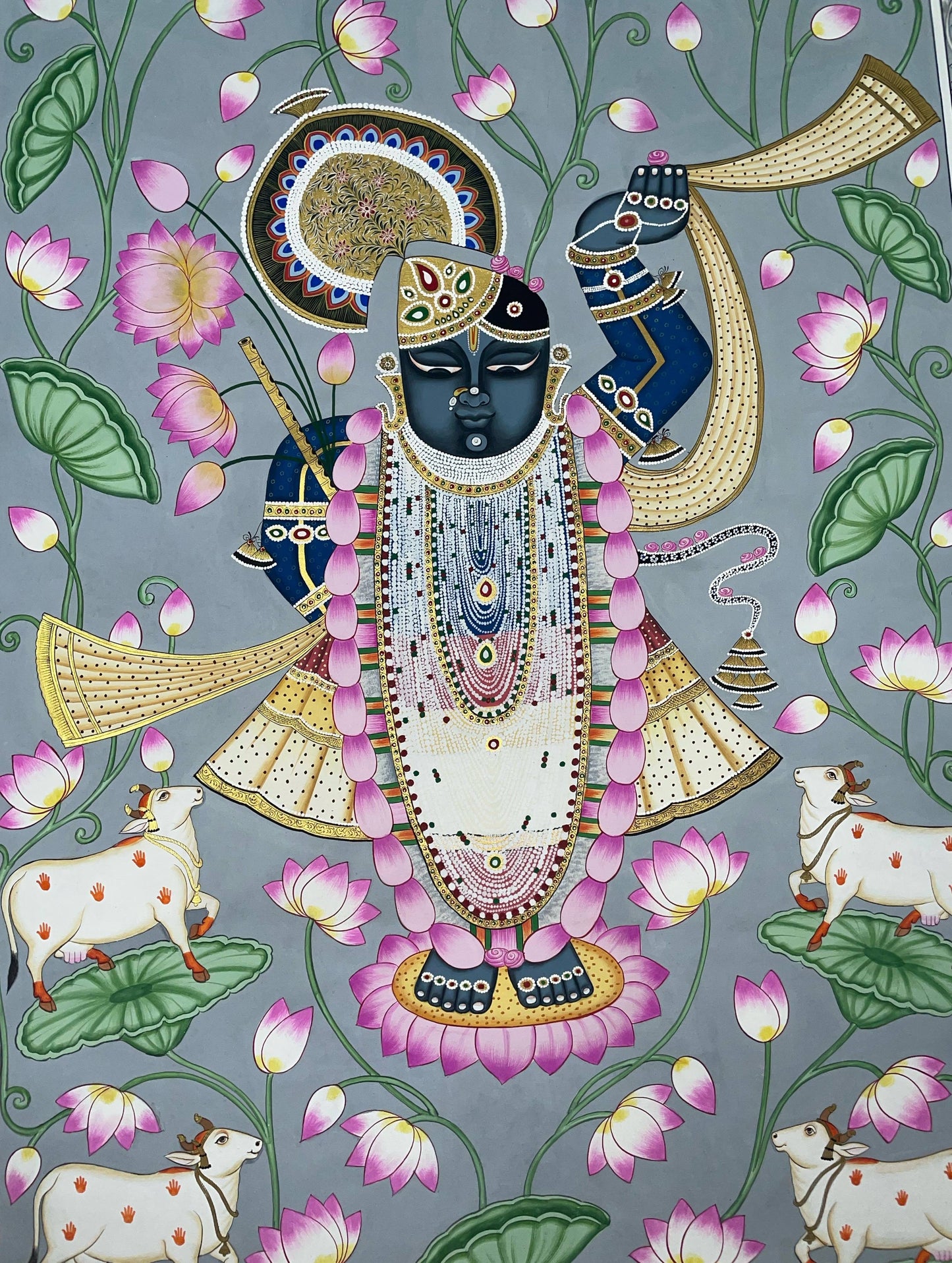 Shrinathji Pichwai Painting, Cow Pichwai Art Handmade Natural Stone color on cloth Indian Decor Paintings, Wall Hanging - Jaipur Earth