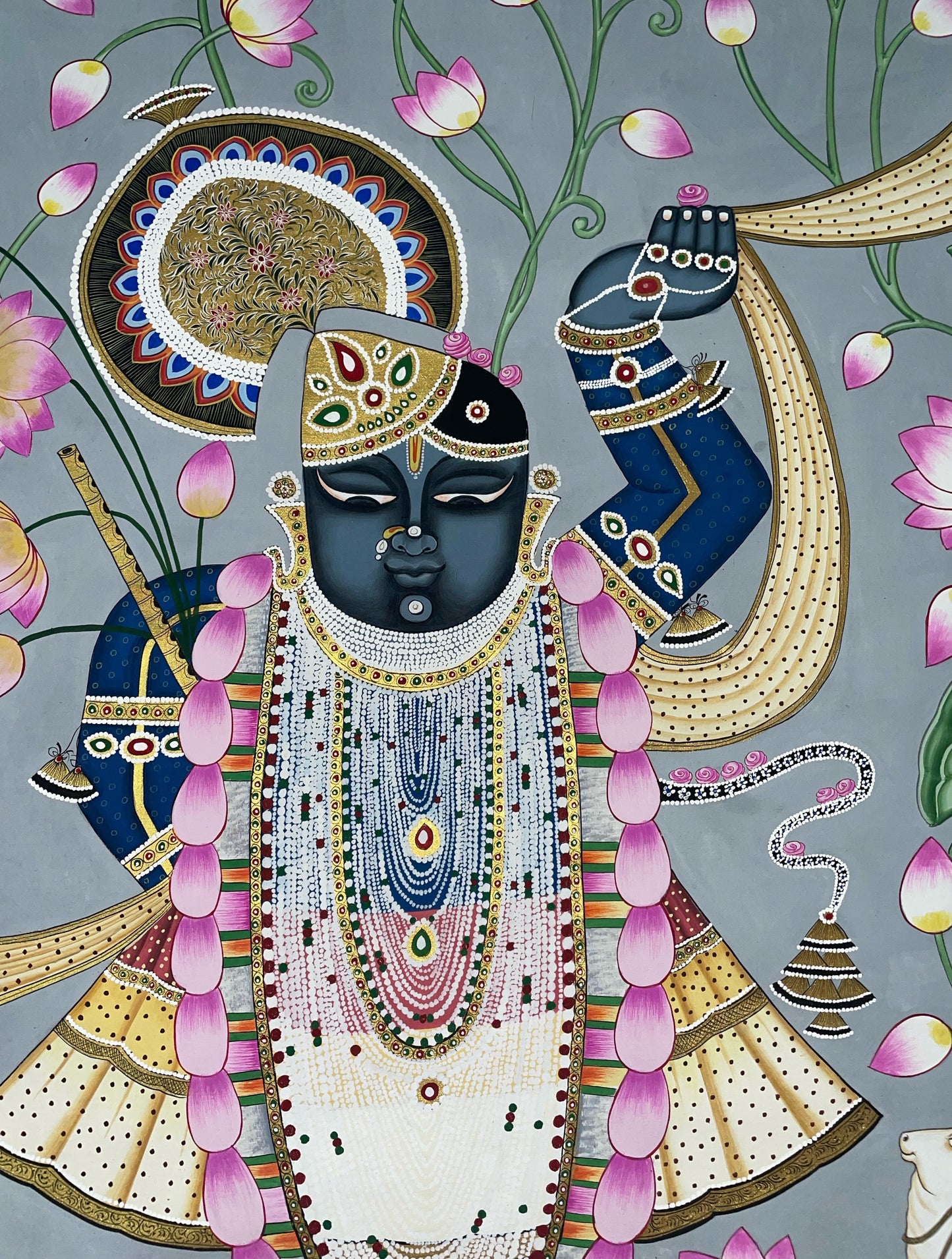 Shrinathji Pichwai Painting, Cow Pichwai Art Handmade Natural Stone color on cloth Indian Decor Paintings, Wall Hanging - Jaipur Earth