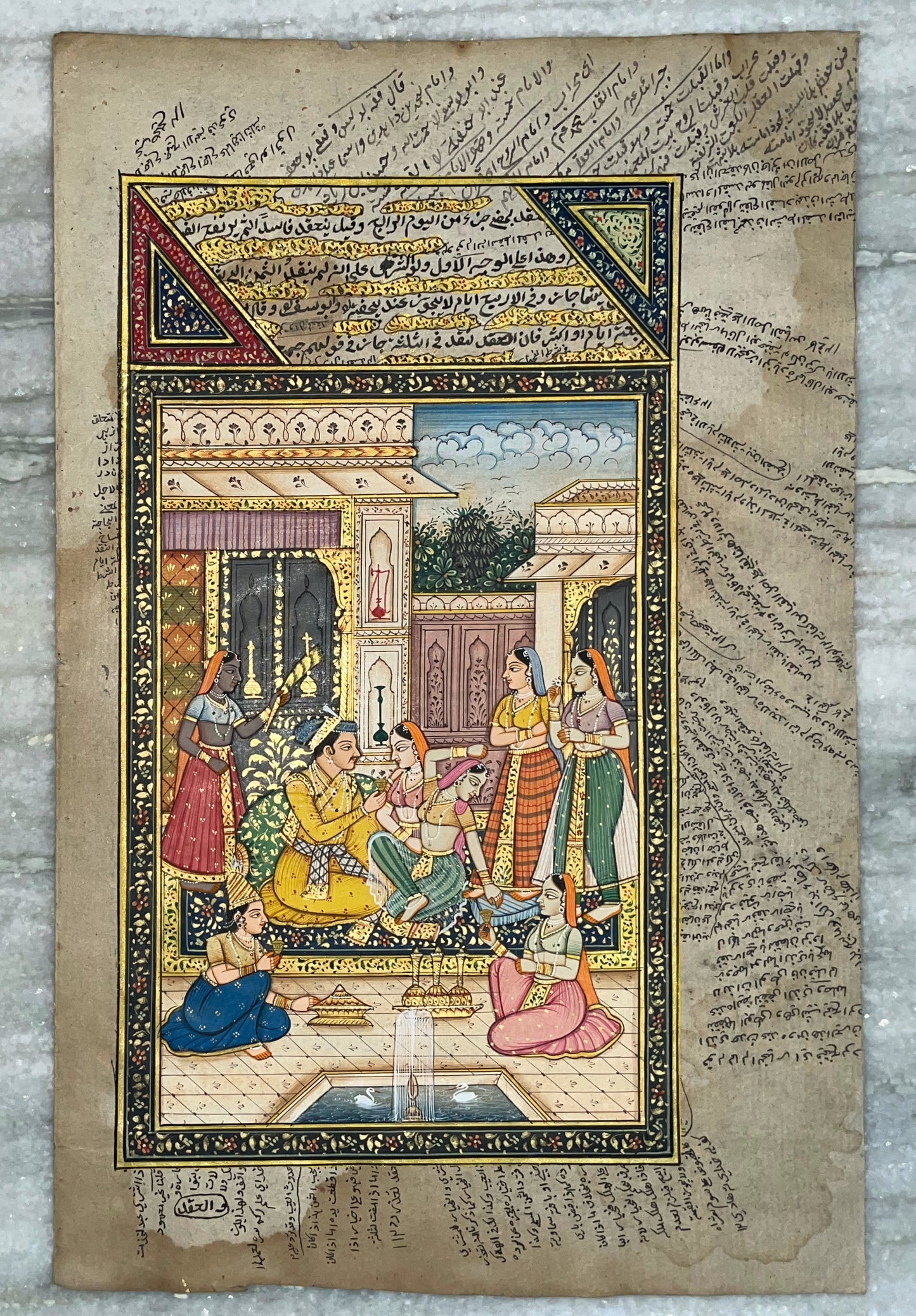 Antique Paper Miniature Painting of Mughal Courtyard, Collectible Art UNFRAMED