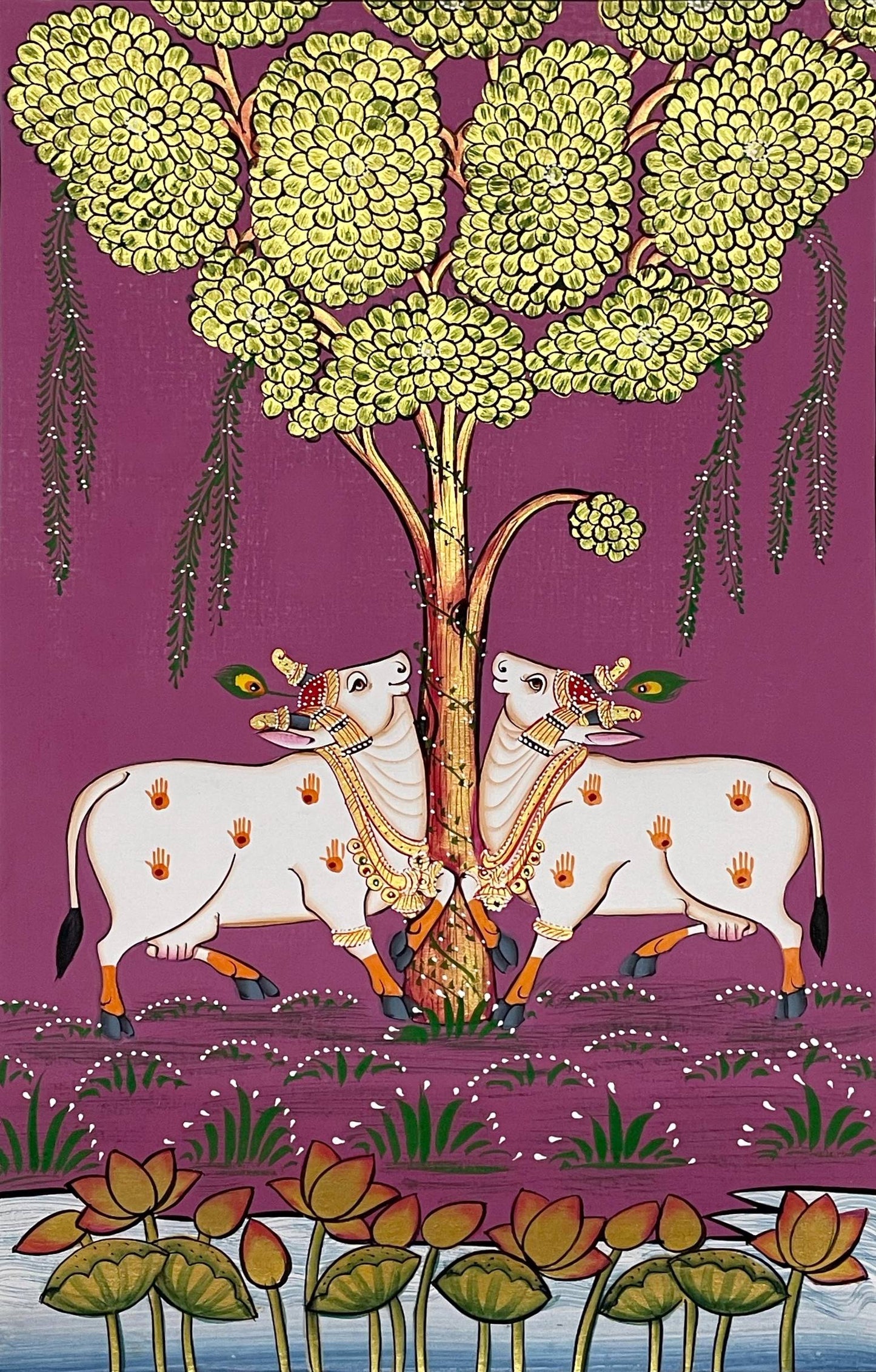Pichwai Painting, Set of 3 Shrinathji and Cow Pichwai Painting, Modern Wall Decor Paintings, Hand Painted on Fabric, Home Decor - Unframed - Jaipur Earth