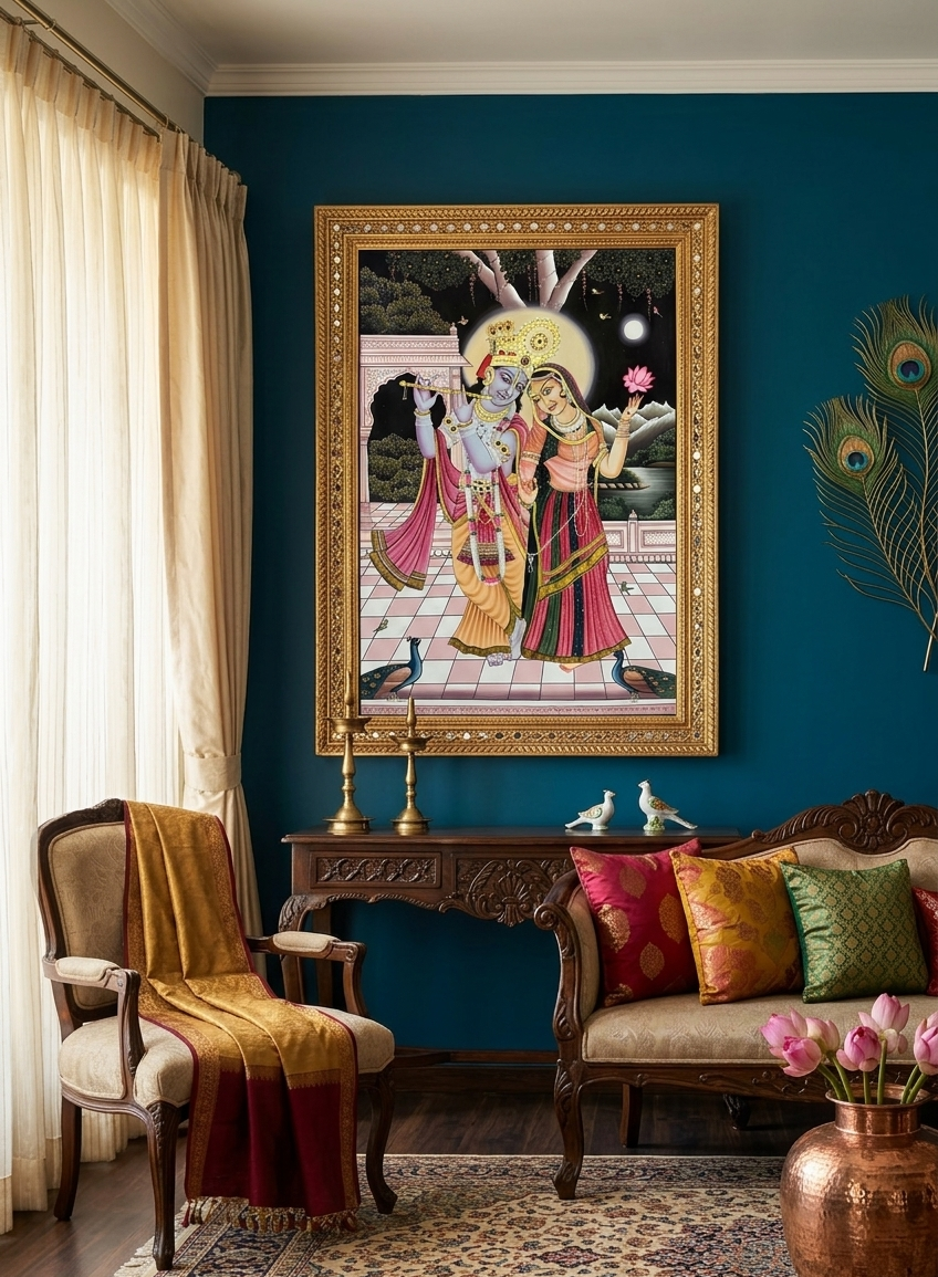 Radha Krishna Detailed Pichwai Handmade Painting, Traditional Nathdwara Art, Spiritual Indian Artwork, Luxury Home Decor