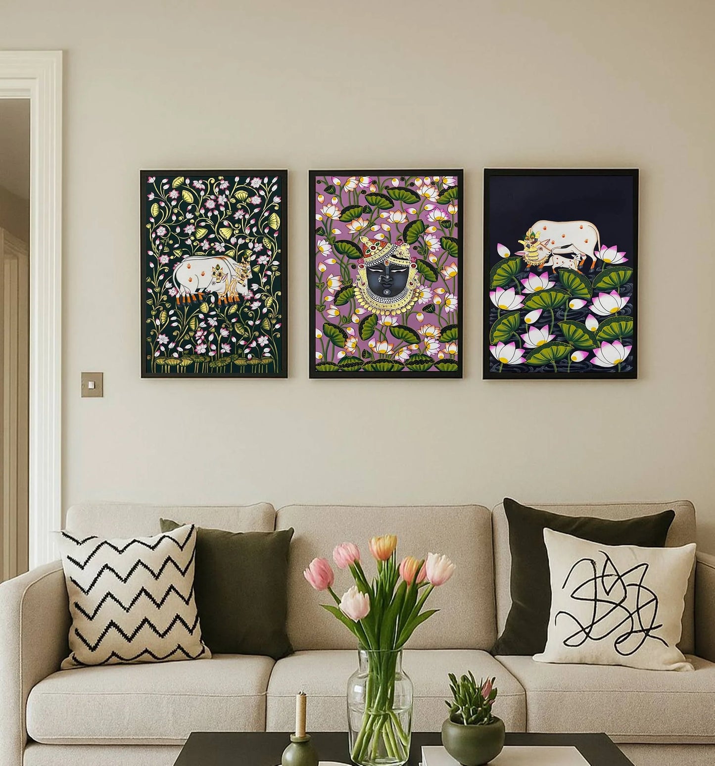 Pichwai Painting, Set of 3 Shrinathji and Cow Pichwai Painting, Modern Wall Decor Paintings, Hand Painted on Fabric, Home Decor - Jaipur Earth