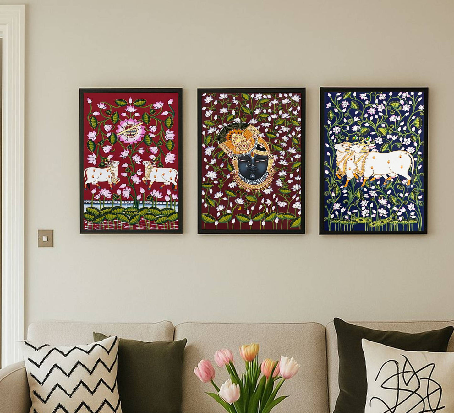 Pichwai Painting, Set of 3 Shrinathji and Cow Pichwai Painting, Modern Wall Decor Paintings, Hand Painted on Fabric, Home Decor - Unframed - Jaipur Earth