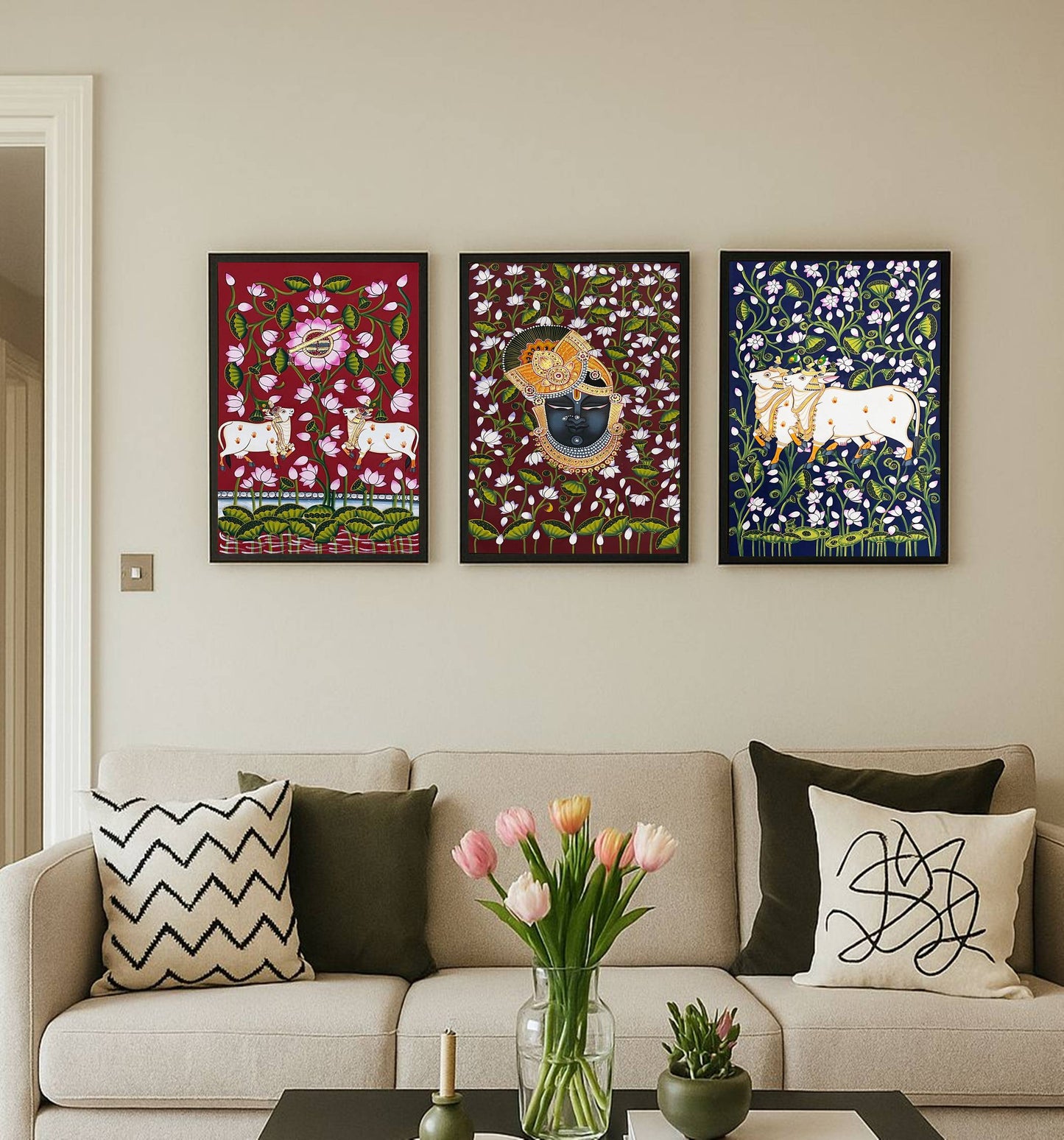 Pichwai Painting, Set of 3 Shrinathji and Cow Pichwai Painting, Modern Wall Decor Paintings, Hand Painted on Fabric, Home Decor - Unframed - Jaipur Earth