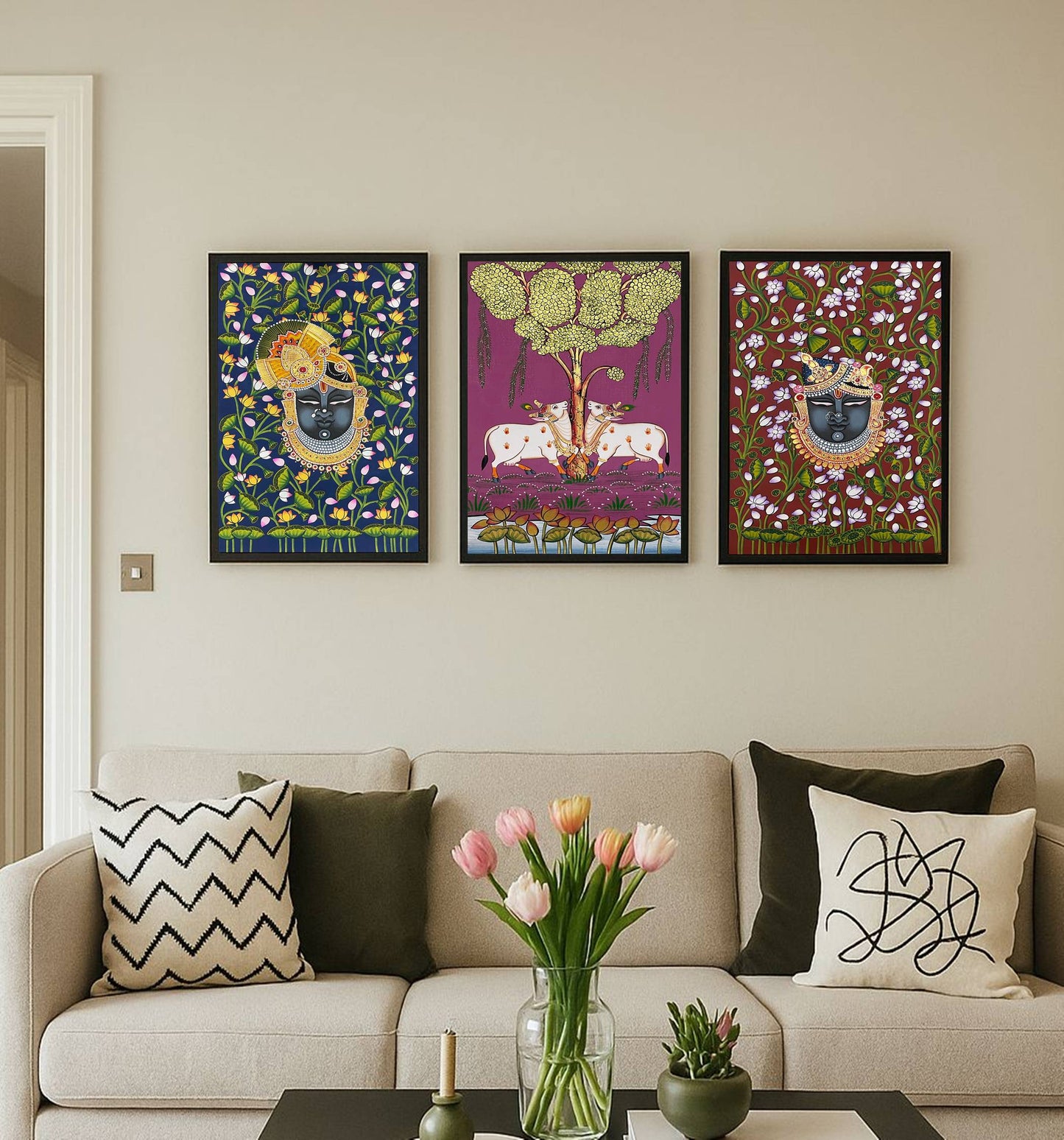 Pichwai Painting, Set of 3 Shrinathji and Cow Pichwai Painting, Modern Wall Decor Paintings, Hand Painted on Fabric, Home Decor - Unframed - Jaipur Earth