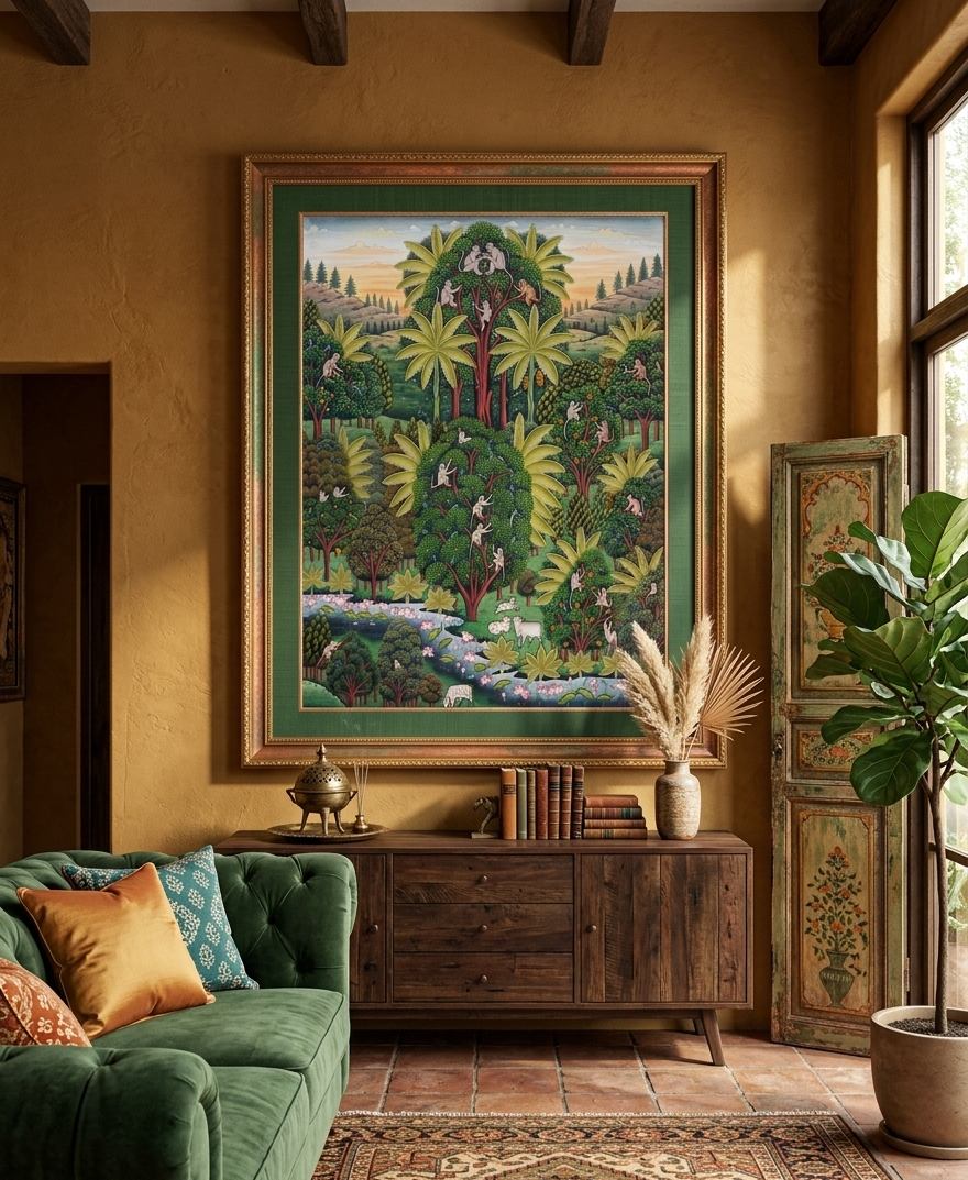 Traditional Jungle Pichwai Painting – Handmade Indian Forest Scene Art on Cloth, Nature Inspired Wall Decor