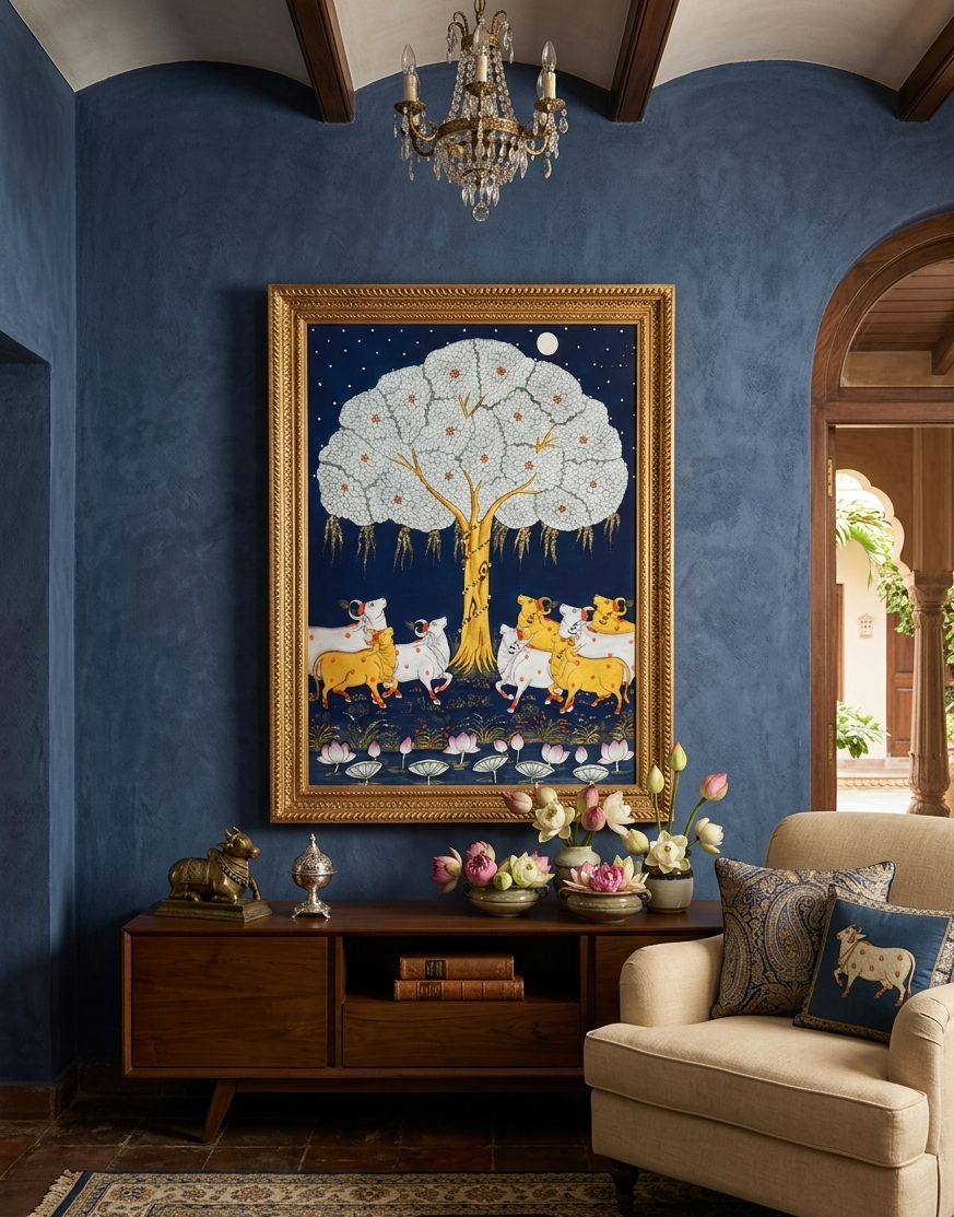Cow and Tree of Life Pichwai Painting – Handmade Indian Traditional Wall Decor