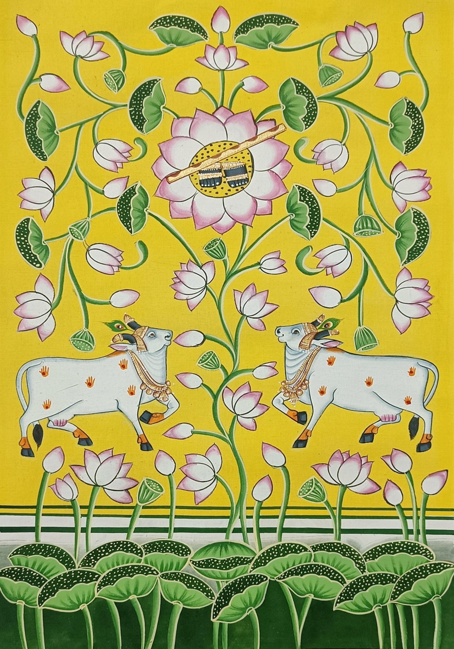 Shrinathji Charan Darshan, Pichwai Painting Of Cow And Lotus Wall Art Work, Traditional Indian Pichwai Painting For Home Decor, Home Decor - Jaipur Earth