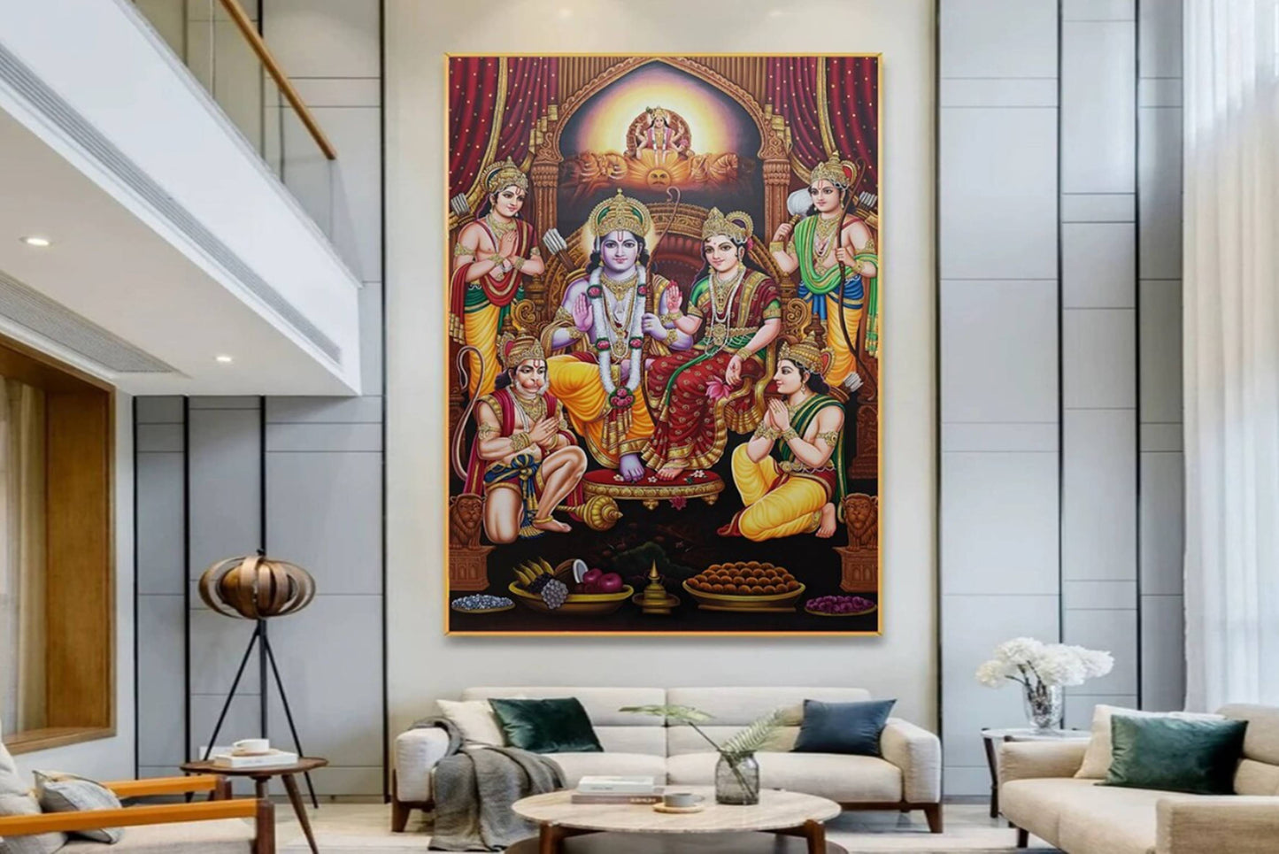 Ram Darbaar Oil Painting | Handmade Hindu Wall Art | Lord Ram Sita Lakshman Hanuman Canvas Painting