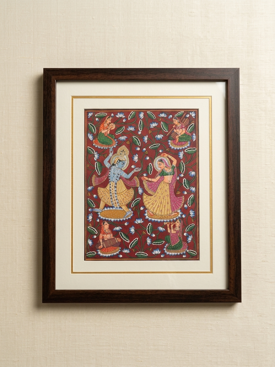 Radha Krishna Detailed Handmade Pichwai Painting – Framed Wall Art for Home Décor