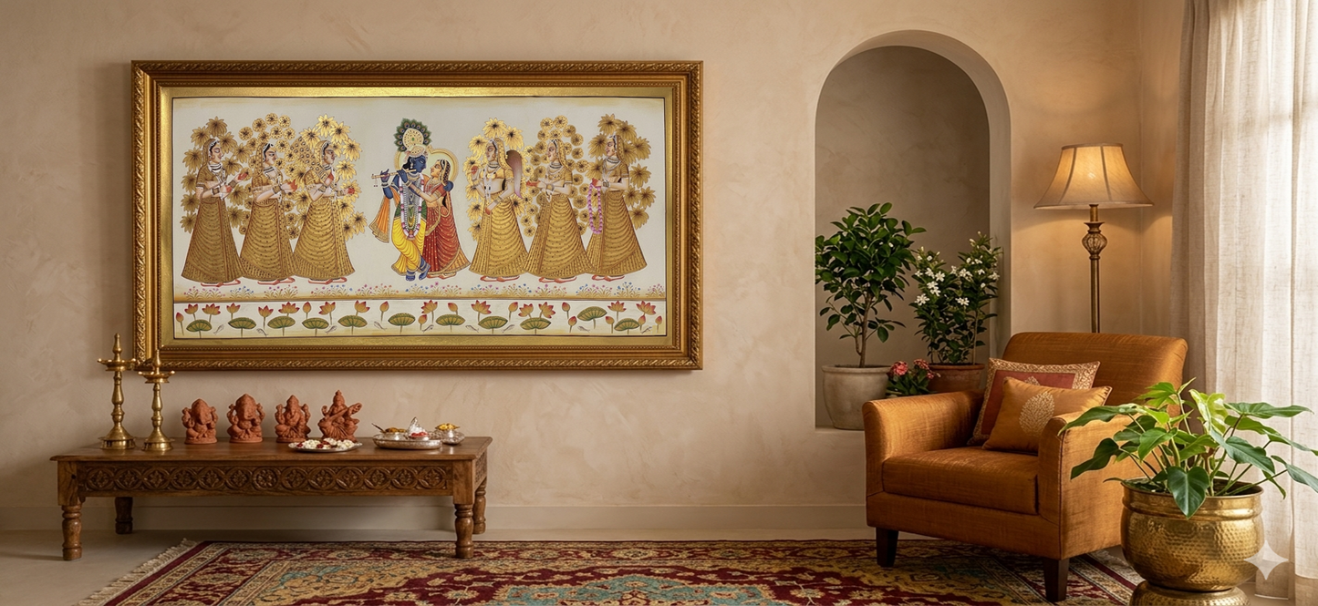 Radha Krishna Detailed Pichwai Handmade Painting | Traditional Indian Wall Art | Hand Painted Pichwai on Cloth | Spiritual Home Decor