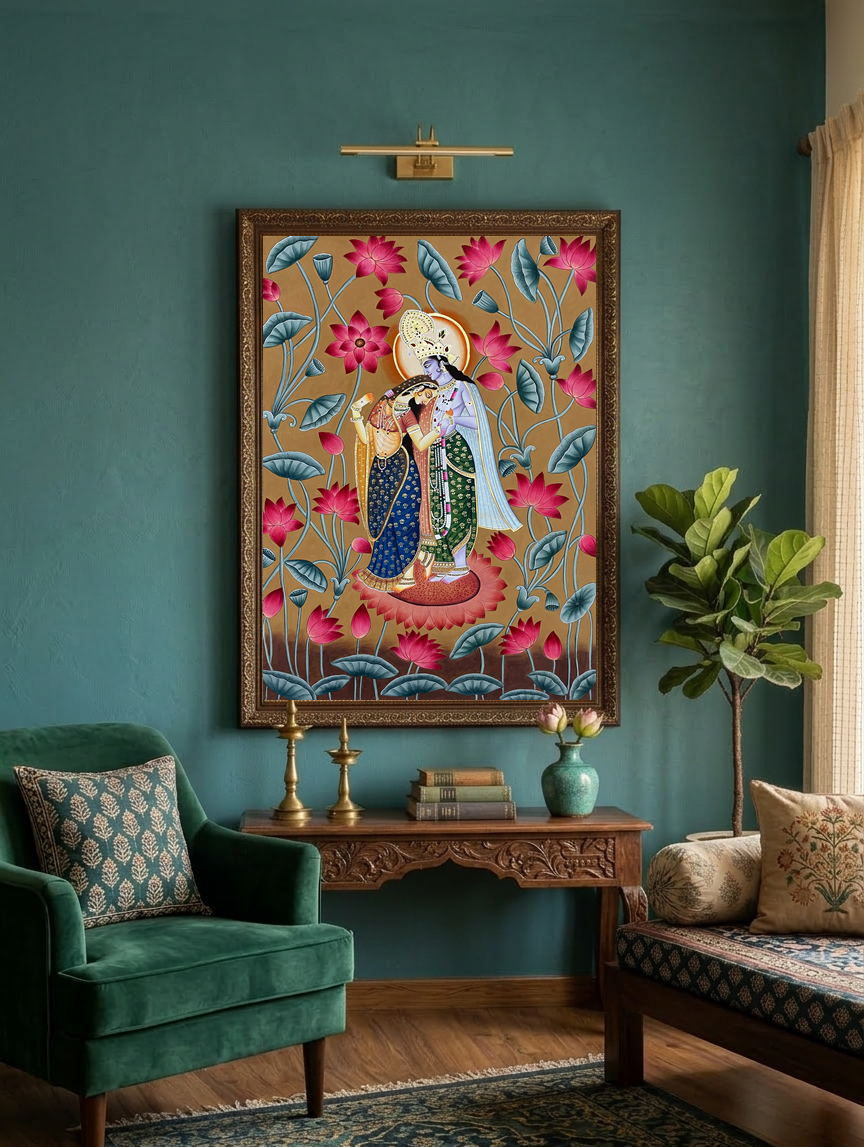 Radha Krishna Detailed Pichwai Handmade Painting, Traditional Nathdwara Art, Spiritual Indian Artwork, Luxury Home Decor