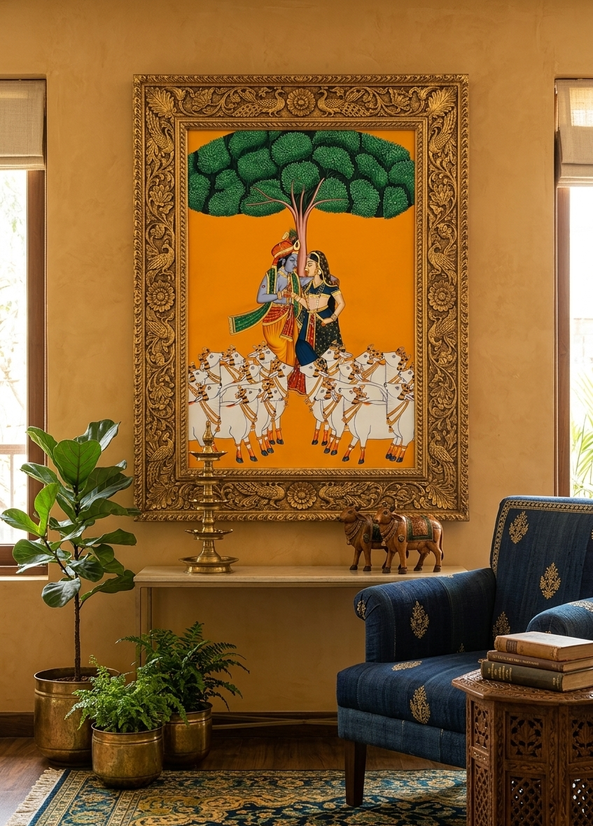 Radha Krishna Detailed Pichwai Handmade Painting, Traditional Nathdwara Art, Spiritual Indian Artwork, Luxury Home Decor