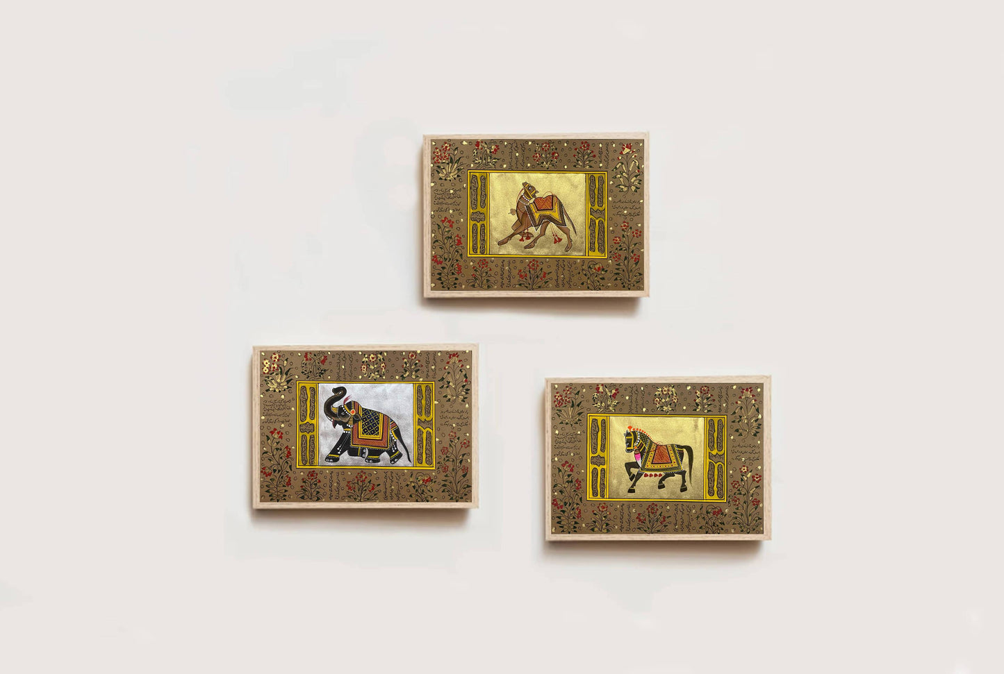 Trio Elephant, Horse, Camel Set of 3 Indian Miniature Wall Art, Traditional Animal Procession Painting For Home Décor - Jaipur Earth