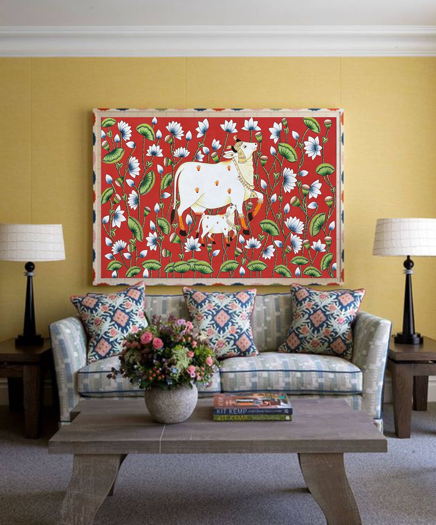 Cow Pichwai Painting, Large Traditional Indian Pichwai Painting For Home Decor, Wall decor. home decor
