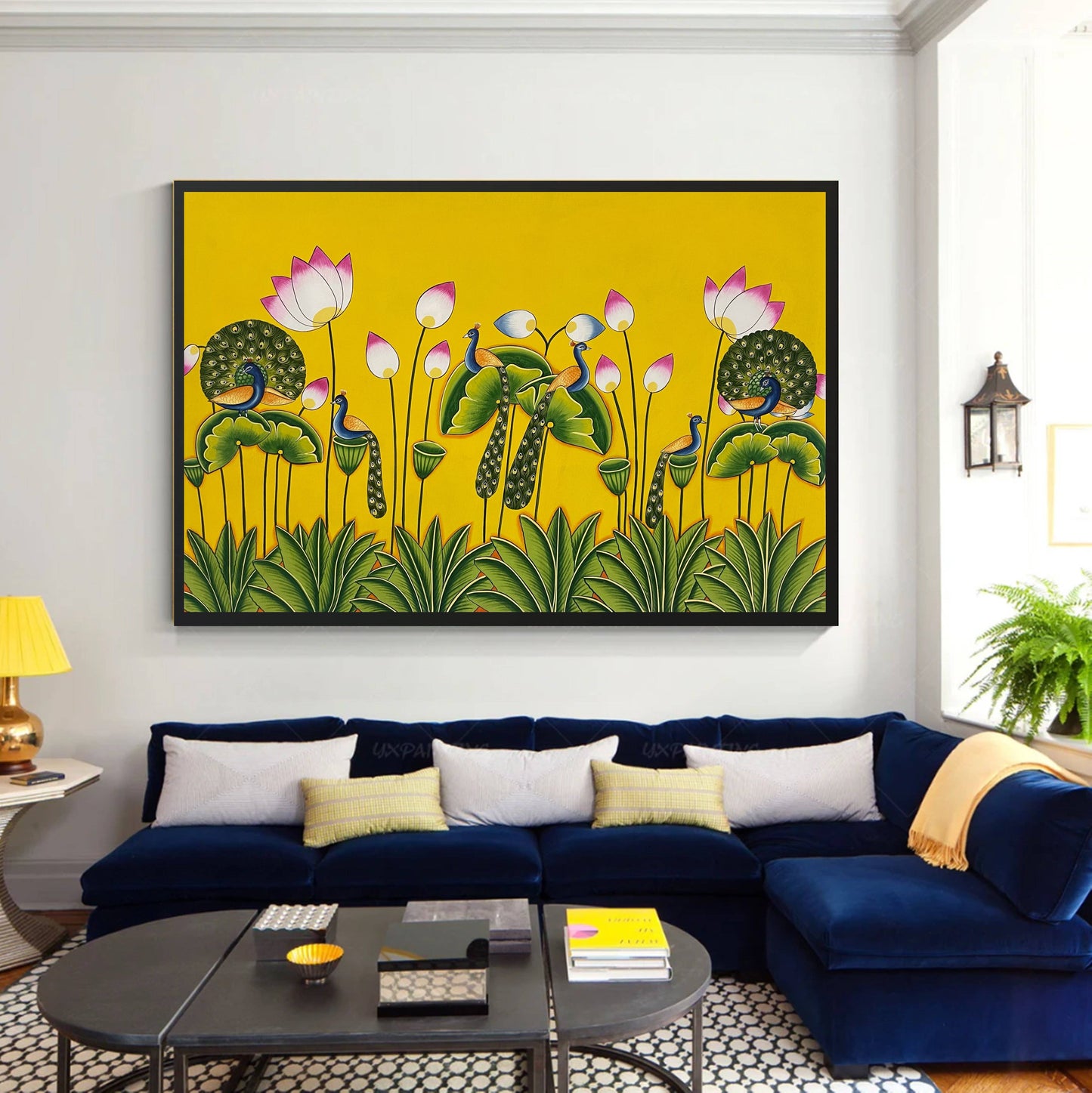 Pichwai Painting of Peacock, Flower design Pichwai Paintng, Wall Art, Stone color on cloth Indian Decor Paintings, Wall Hanging - Jaipur Earth