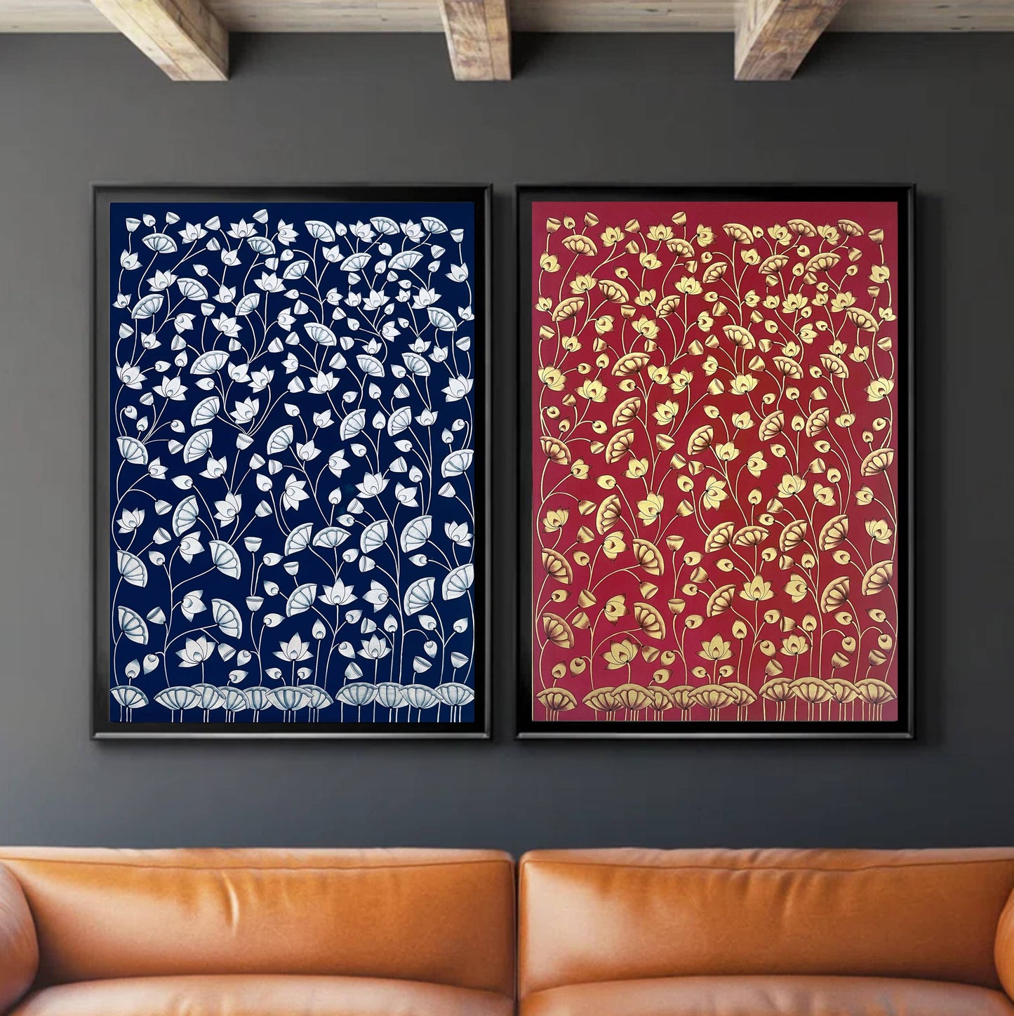 Pichwai Paintings Set of 2, Lotus Pond Indian Pichwai, Home decor Art, Indian painting, wall decor - Jaipur Earth