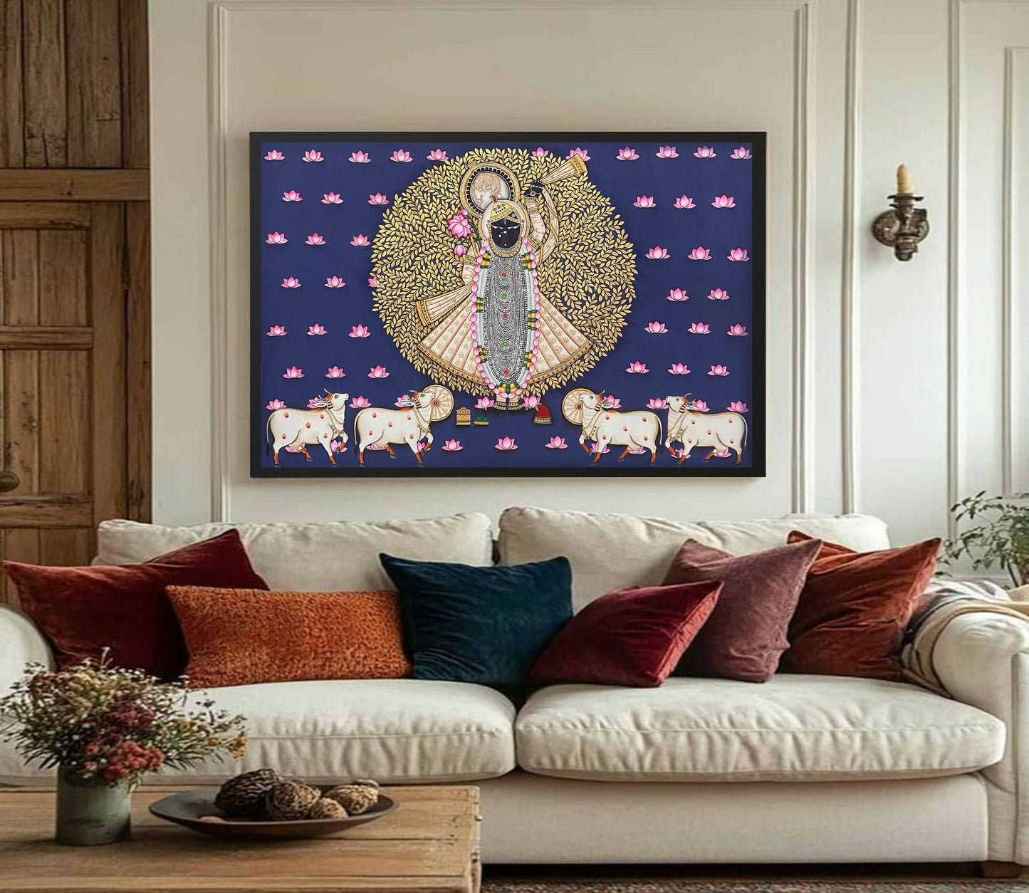 Shreenathji and Lotus Pichwai Art Painting For Home Decor, Traditional Handmade Wall Painting Of Beautiful Shri Nath Ji